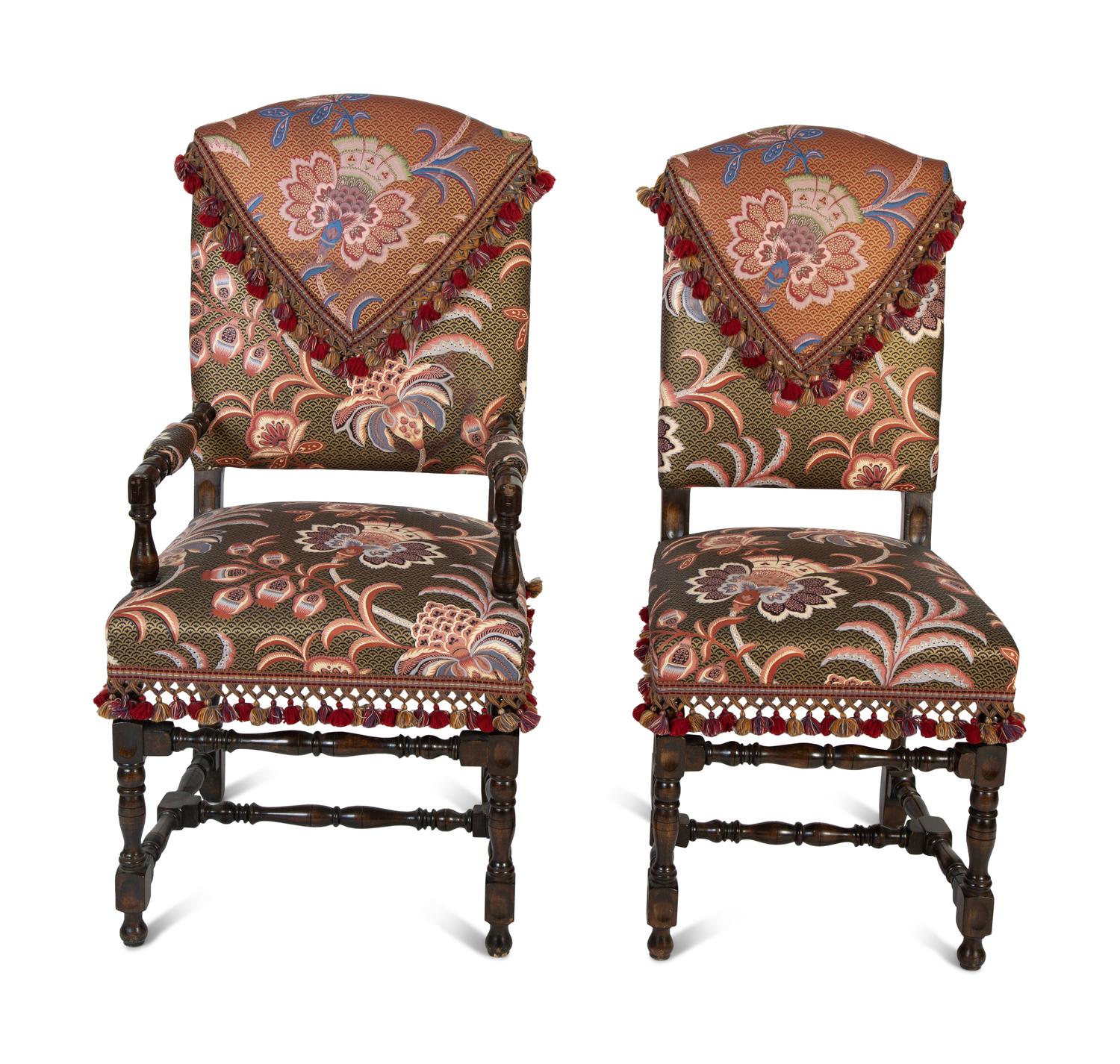 A Set of Eight English Silk Upholstered Dining Chairs — EARLY 20TH CENTURY