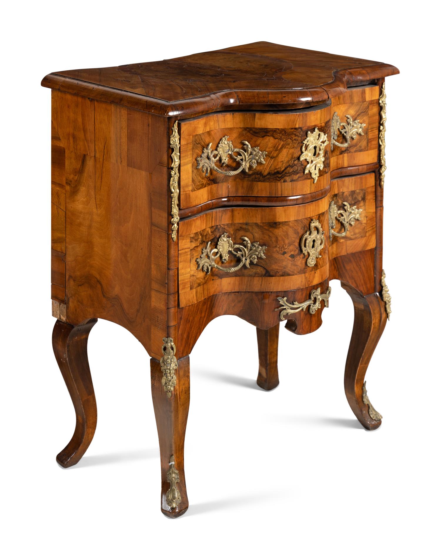 A Pair of Continental Gilt Metal Mounted Burlwood Commodes