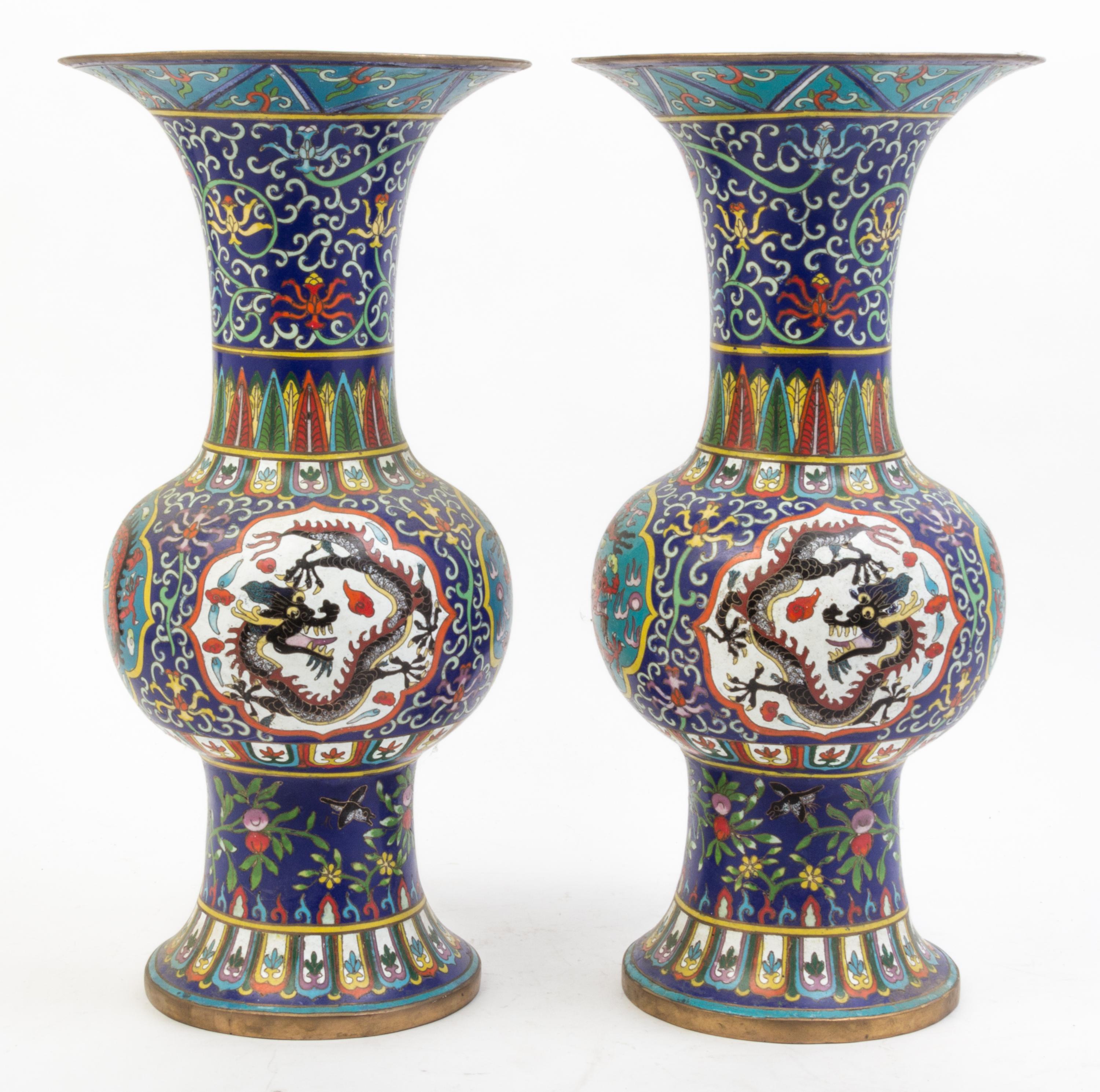A Pair of Cloisonne Vases Height 16 1/4 inches.