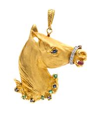 An 18 Karat Yellow Gold, Emerald, Sapphire, Ruby and Diamond Horse Pendant/Brooch, 31.40 dwts.