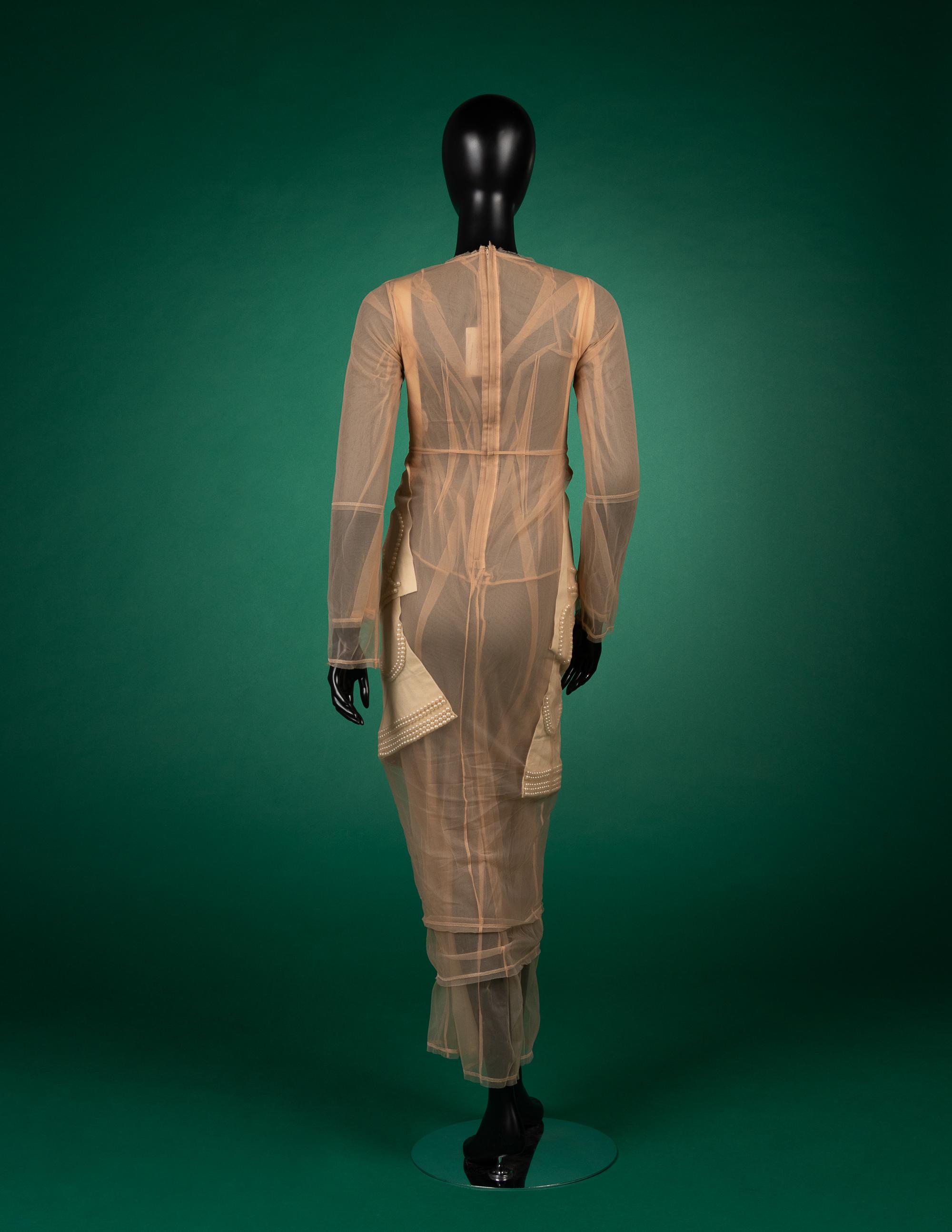 Comme des Garçons Nude Net and White Cotton with Pearls Evening Dress, Fall 2009