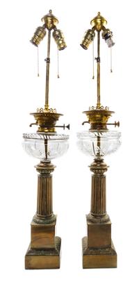 A Pair of Continental Gilt Metal Oil Lamp Bases Height overall 33 3/4 inches. — 19TH CENTURY AND LATER