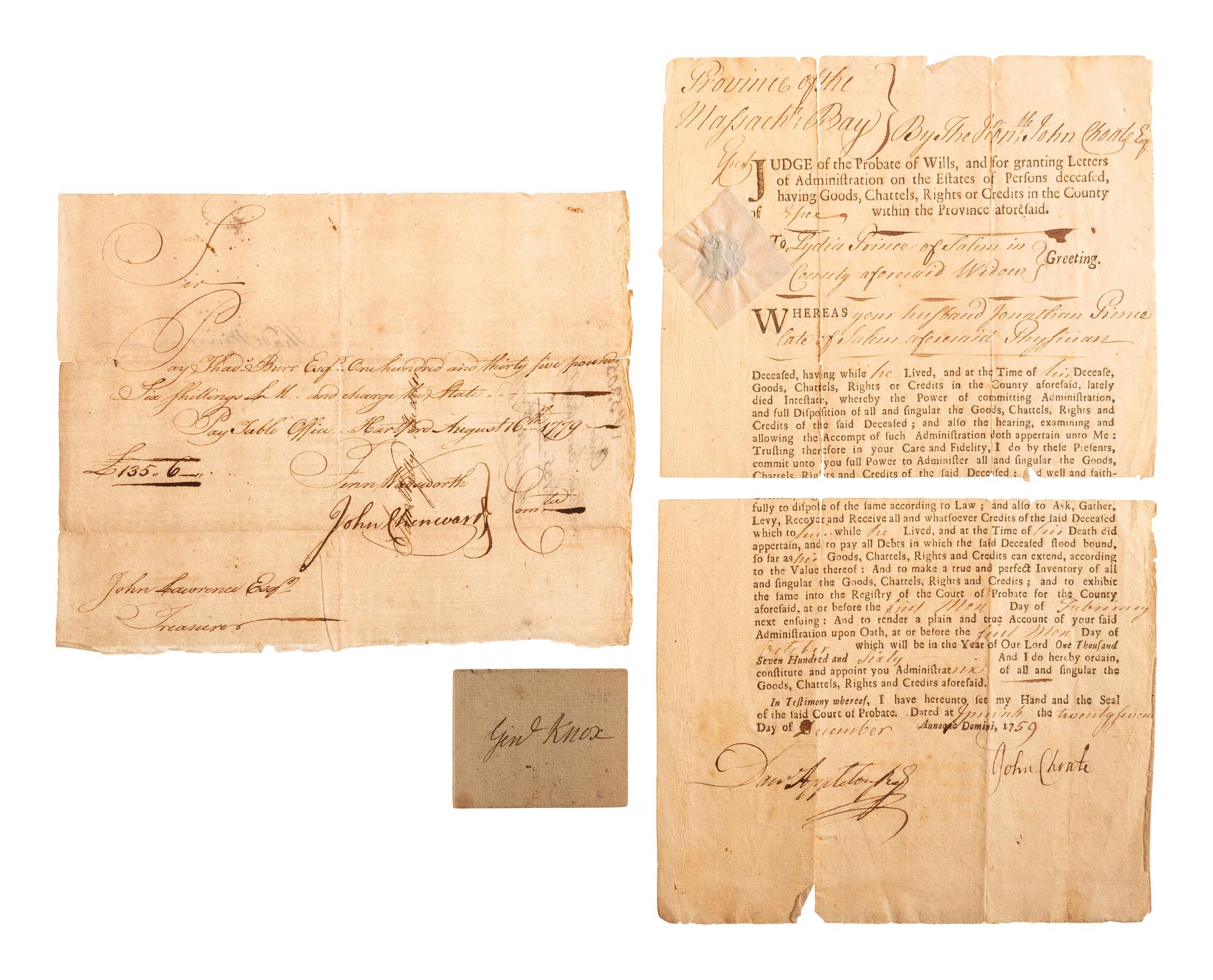 [COLONIAL AND REVOLUTIONARY WAR] Lot of 3 documents and clipped signature of General Henry Knox.