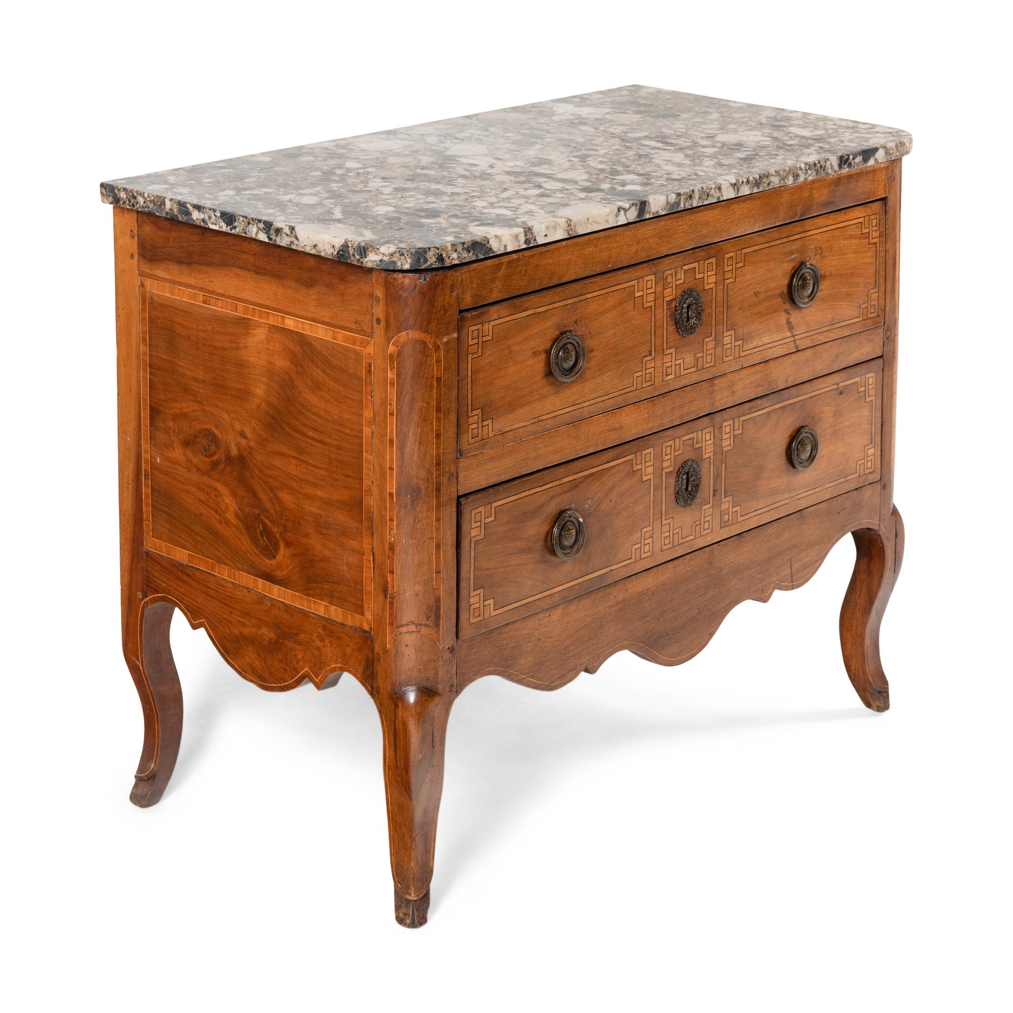 A Louis XVI Walnut and Breccia Marble-Top Commode