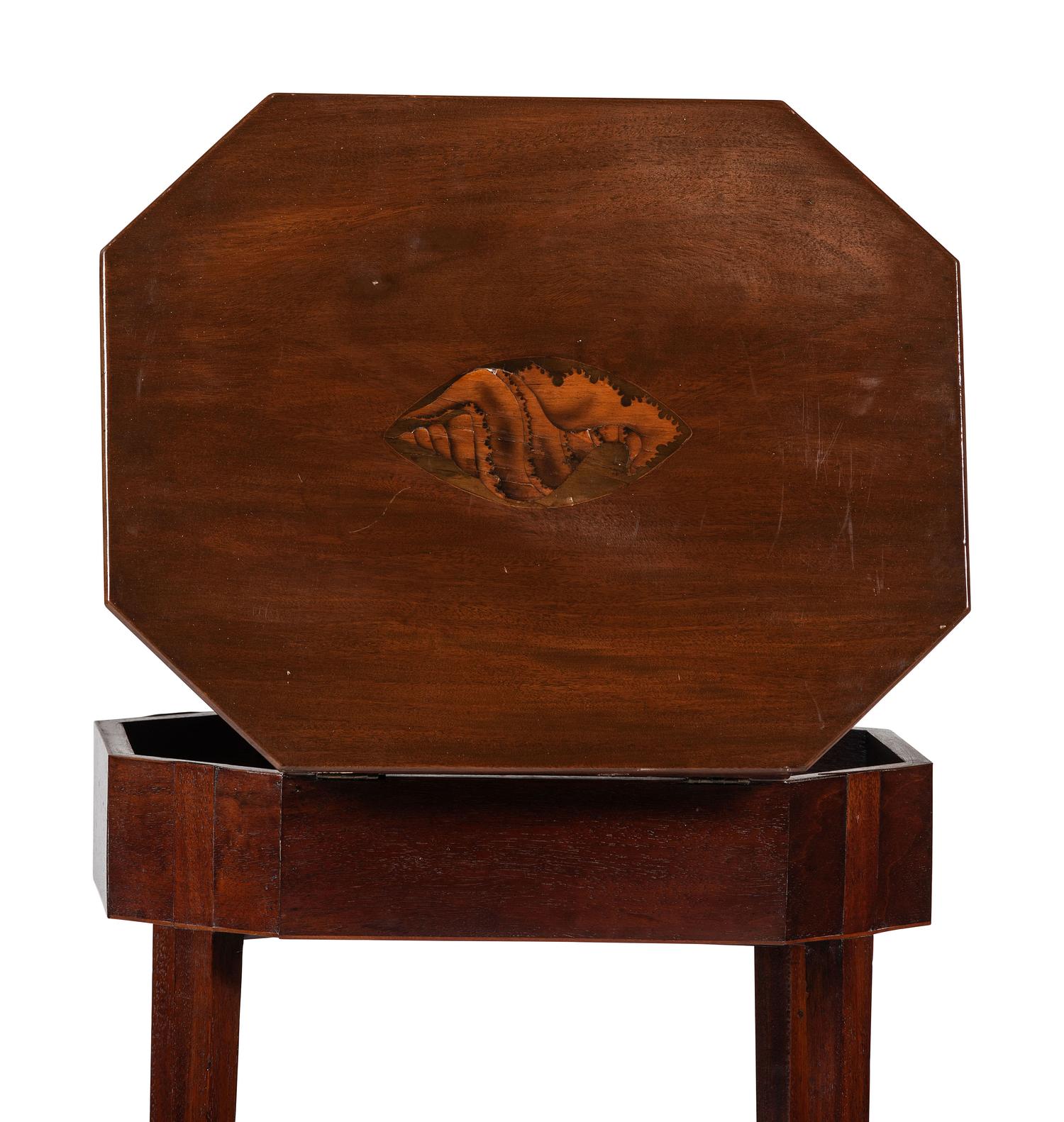 A Federal Shell Inlaid and Figured Mahogany Lady's Octagonal Top Work Table