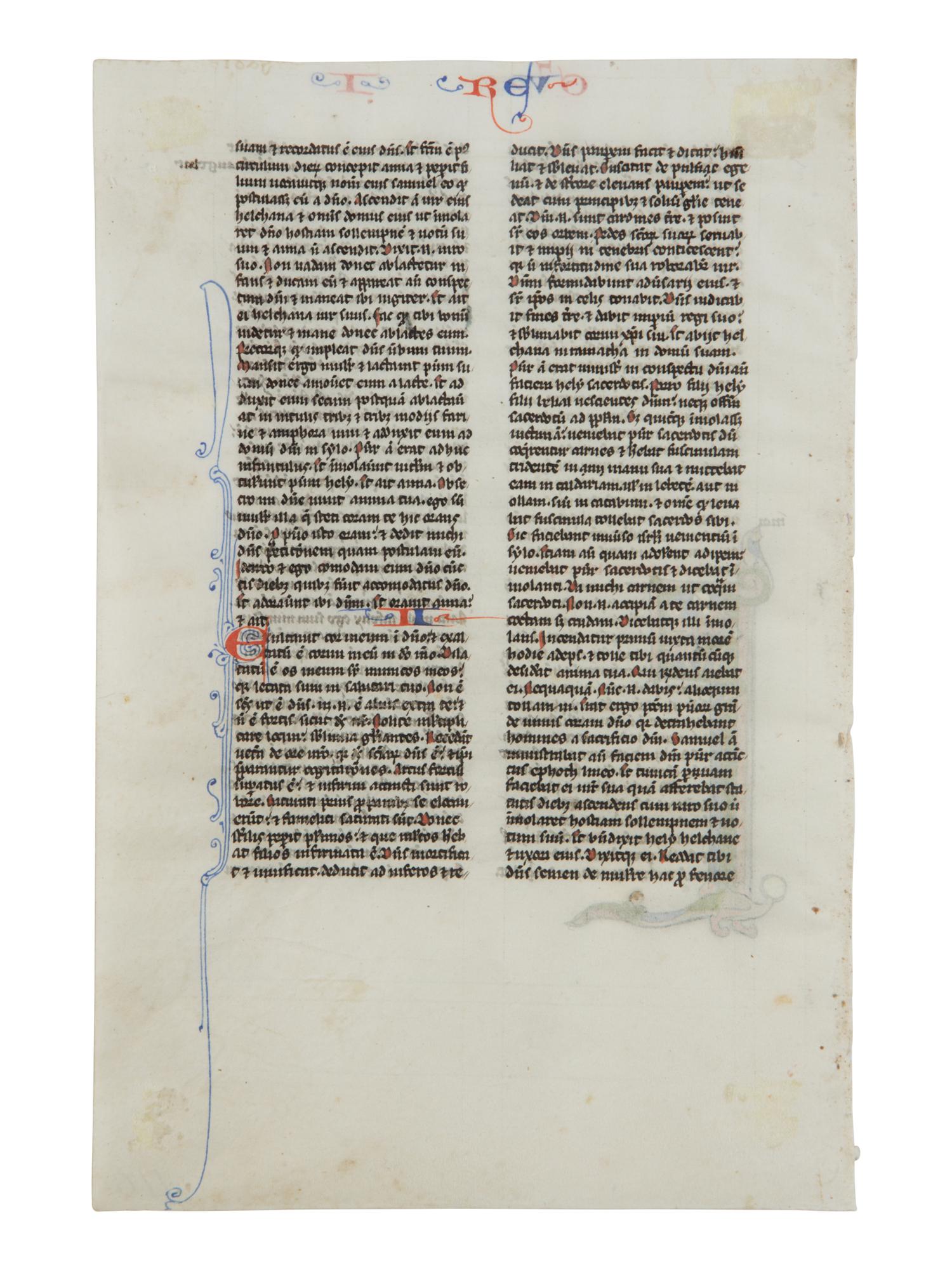 JOHANNES GRUSCH ATELIER (active Paris c. 1230s–1270s) Single leaf with historiated Initial ‘F’ with The Killing of the Sons of Heli from a Bible , in Latin, illuminated manuscript on parchment [France, Paris, c. 1250]