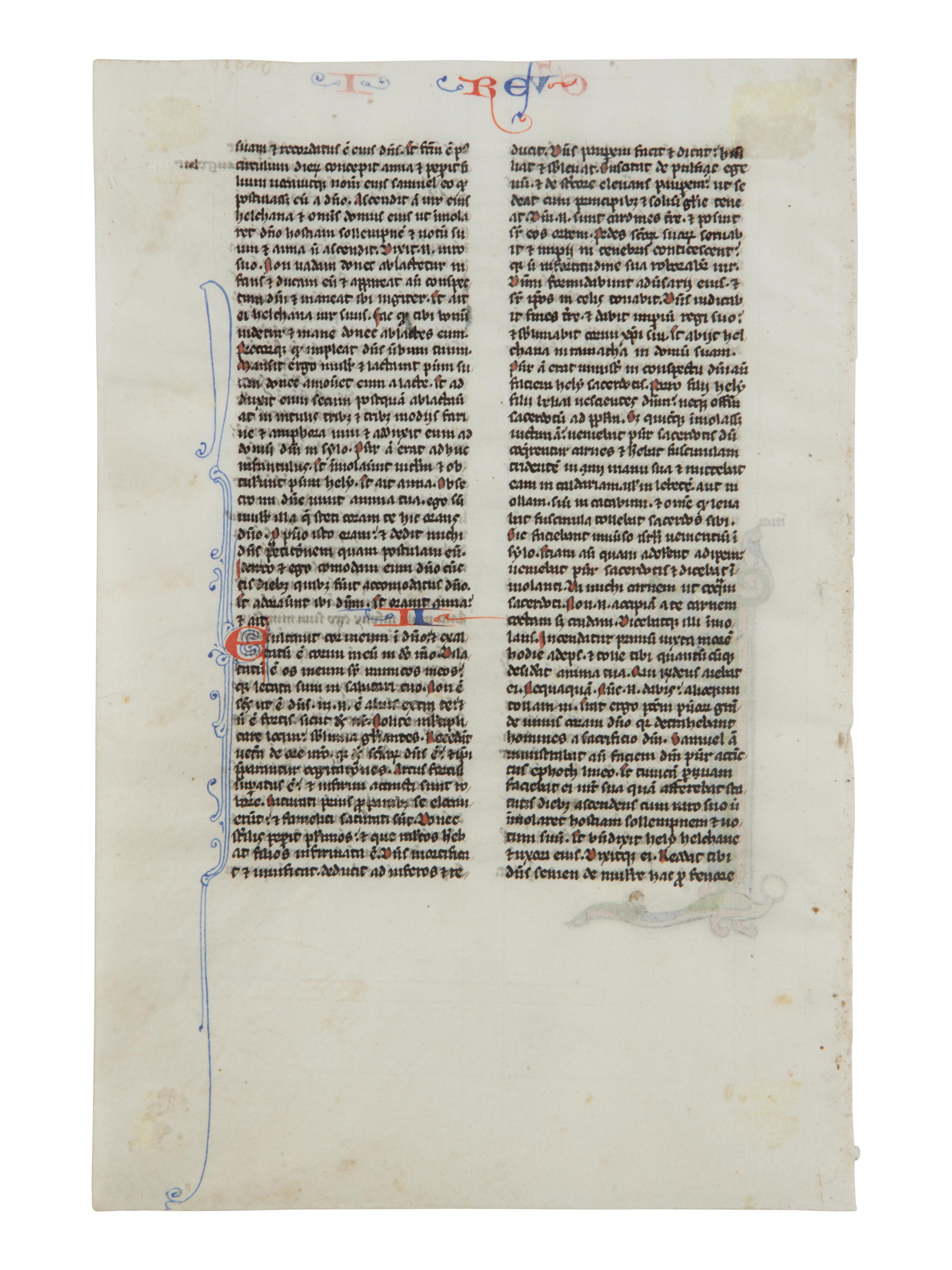 JOHANNES GRUSCH ATELIER (active Paris c. 1230s–1270s) Single leaf with historiated Initial ‘F’ with The Killing of the Sons of Heli from a Bible , in Latin, illuminated manuscript on parchment [France, Paris, c. 1250]