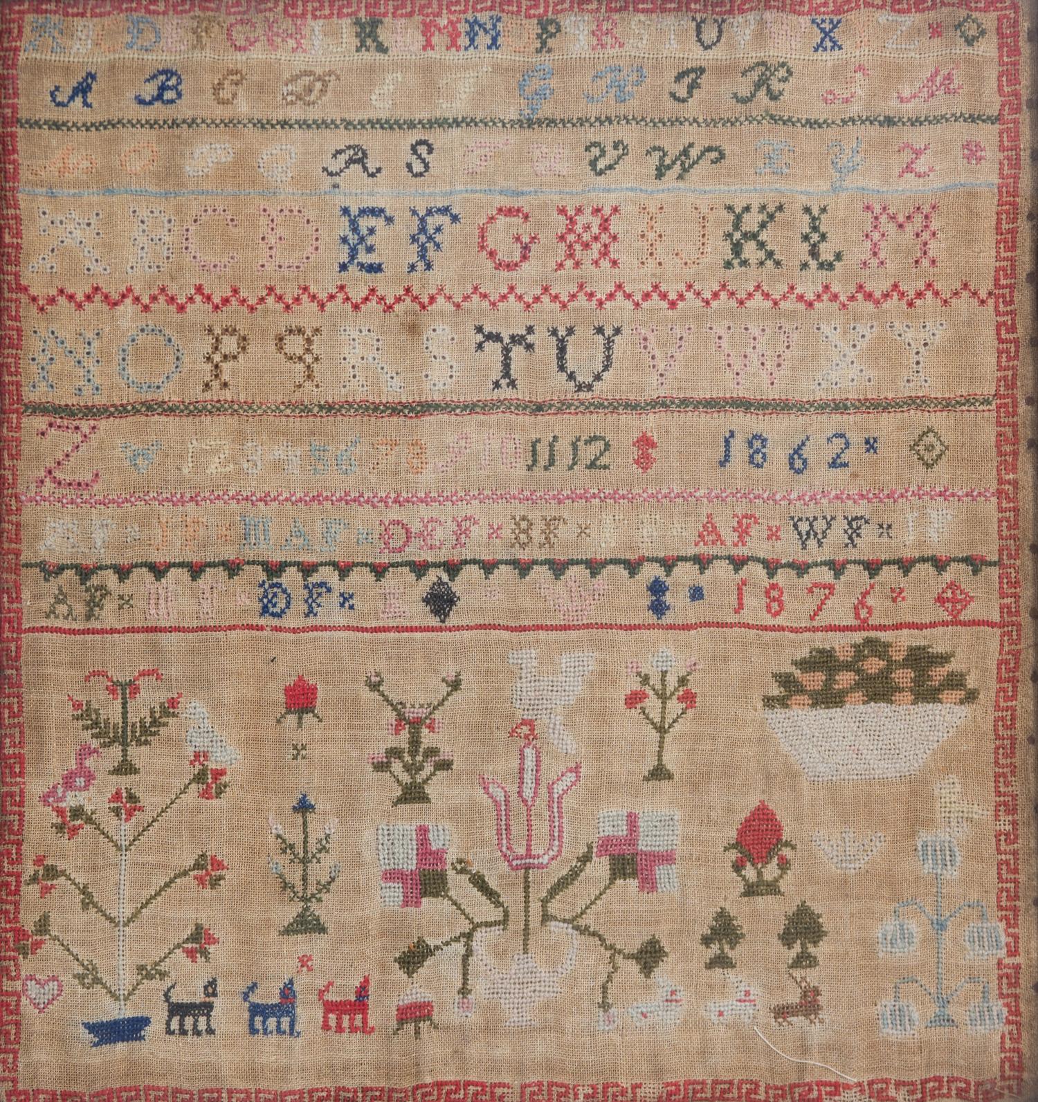 A Late Victorian Needlework Sampler Framed 20 1/4 x 21 1/2 inches. — 1862
