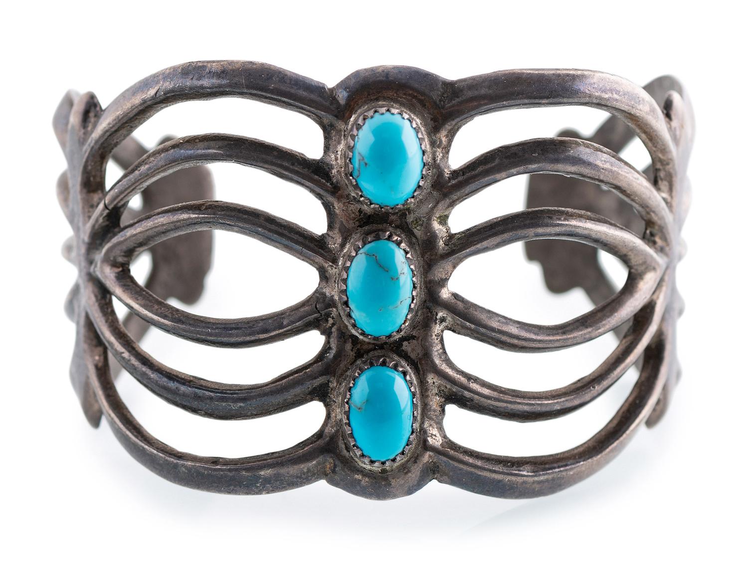 Navajo Sandcast Silver and Turquoise Cuff Bracelet