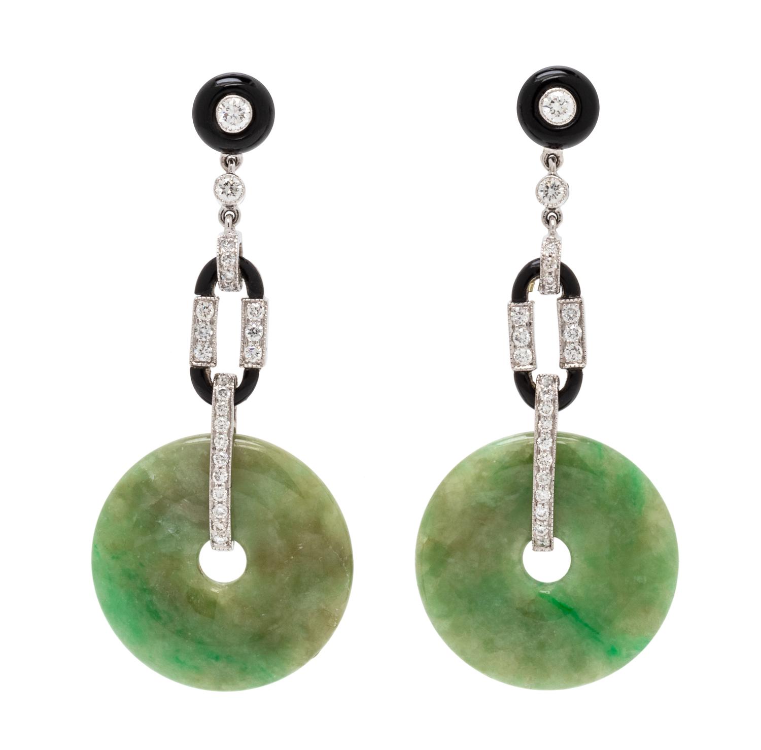 A Pair of 18 Karat White Gold, Diamond, Onyx and Jade Earrings, 7.00 dwts.