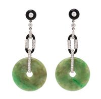 A Pair of 18 Karat White Gold, Diamond, Onyx and Jade Earrings, 7.00 dwts.