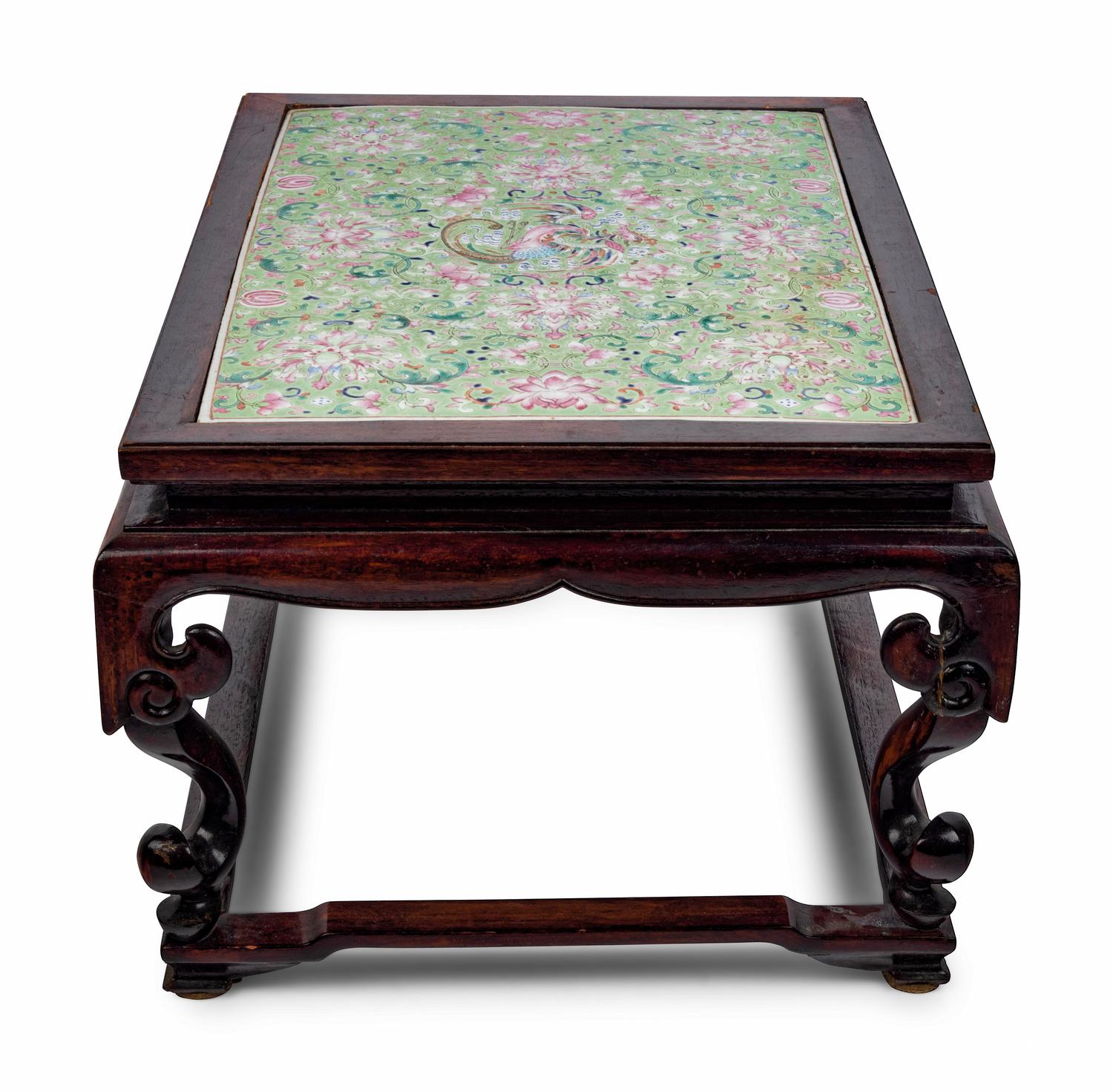 A Lime Green-Ground Famille Rose Porcelain Plaque Inset Hardwood Kang Table