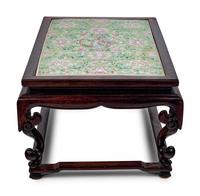A Lime Green-Ground Famille Rose Porcelain Plaque Inset Hardwood Kang Table