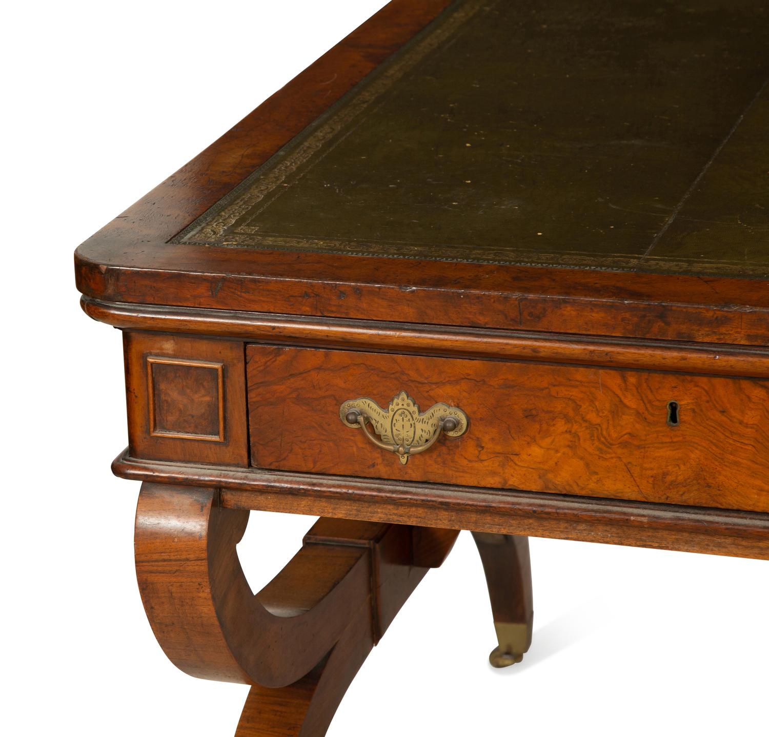A Regency Burlwood Library Table with Black Leather Inset Top