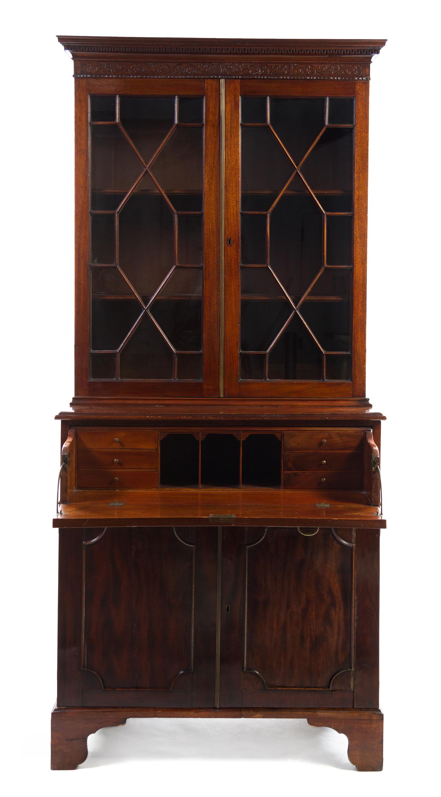 A Chippendale Style Mahogany Secretary Bookcase, Height 81 x width 36 3/4 x depth 12 1/2 inches.