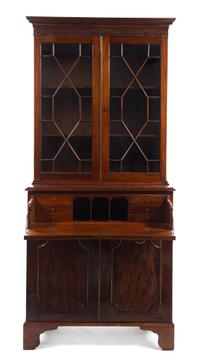 A Chippendale Style Mahogany Secretary Bookcase, Height 81 x width 36 3/4 x depth 12 1/2 inches.