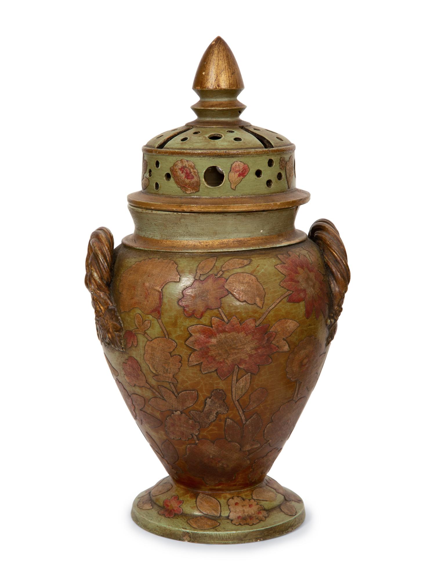 A Continental Green Glazed Ceramic and Canvas Appliqué Vase Garniture