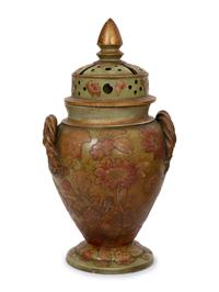 A Continental Green Glazed Ceramic and Canvas Appliqué Vase Garniture