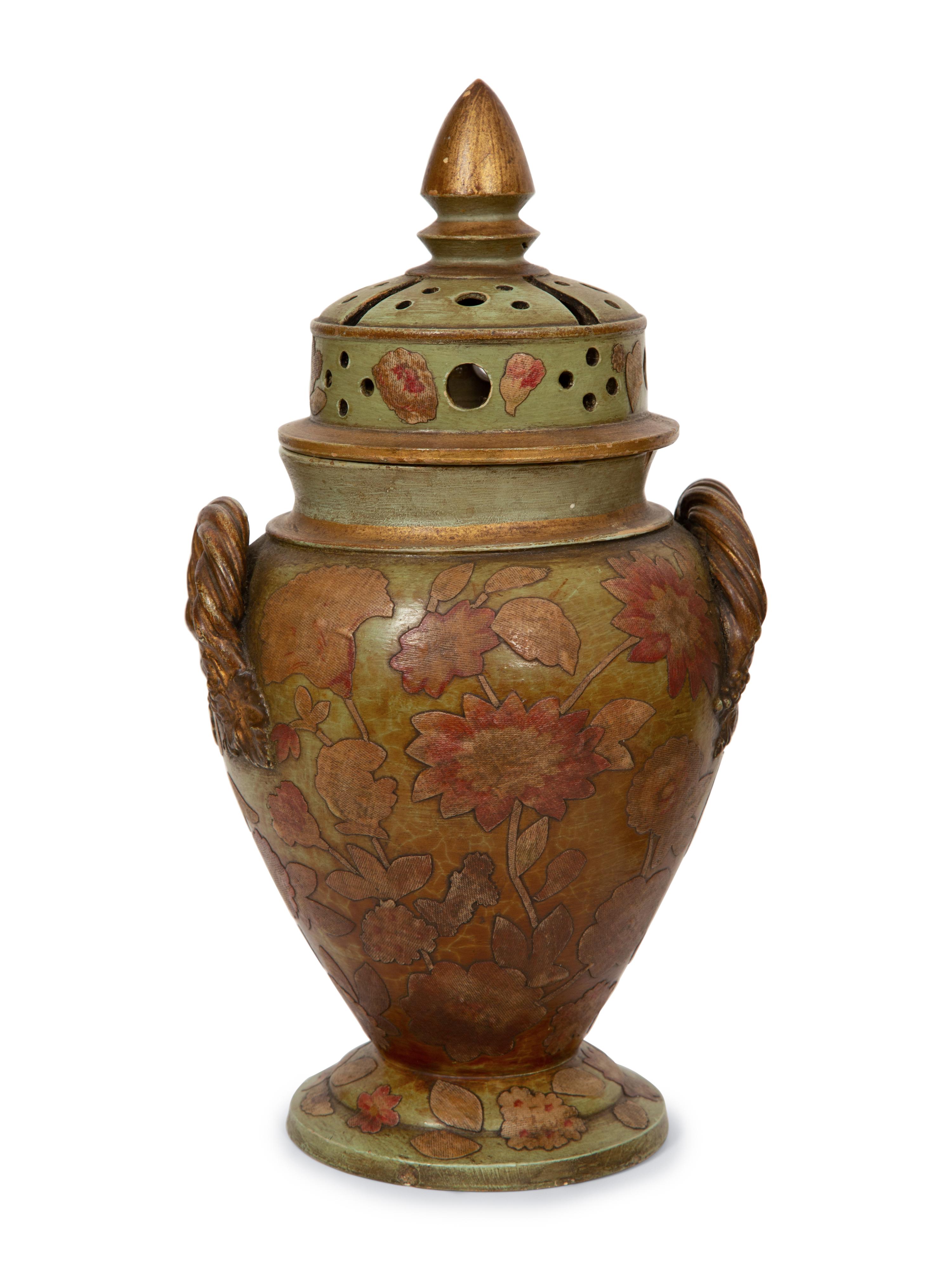 A Continental Green Glazed Ceramic and Canvas Appliqué Vase Garniture