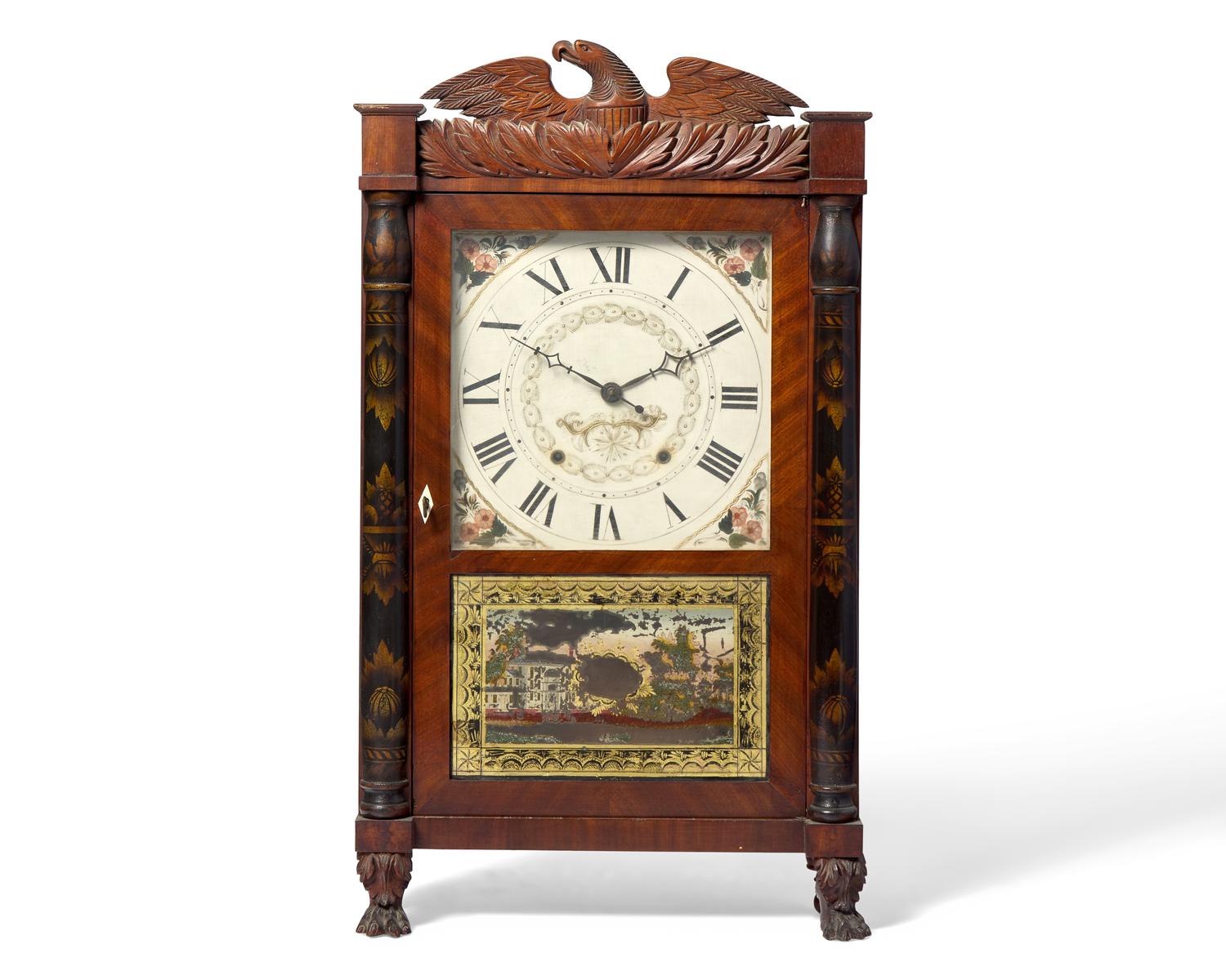 A Classical Carved Mahogany, Stencil-Decorated and Églomisé Shelf Clock