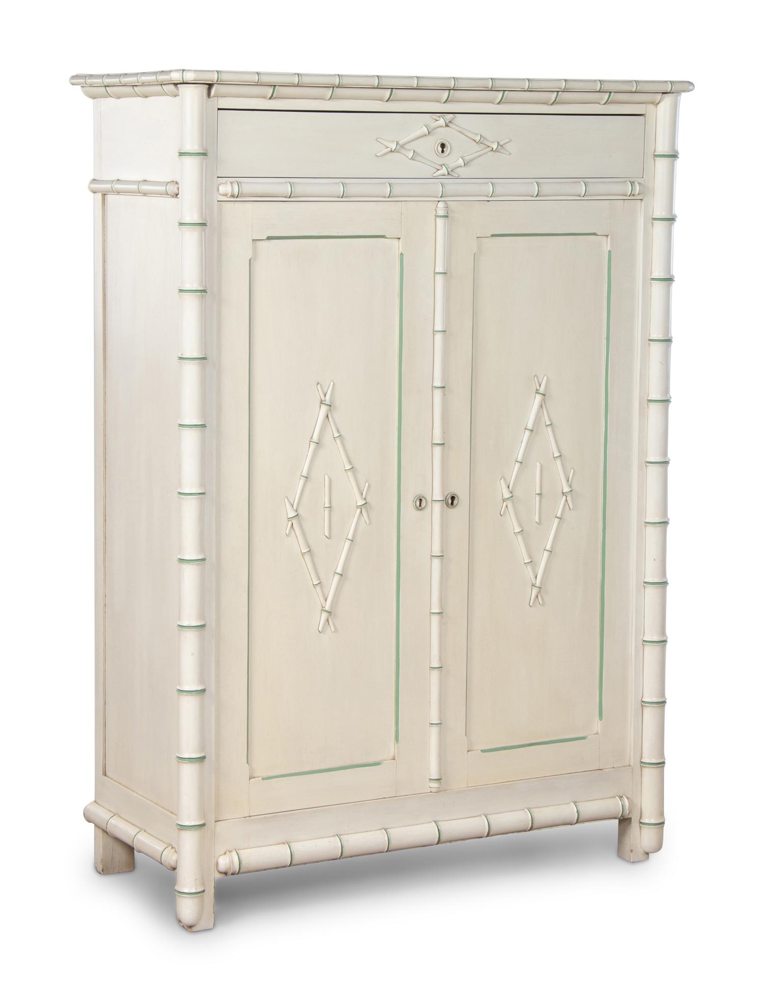 A Victorian White Painted Faux Bamboo Armoire