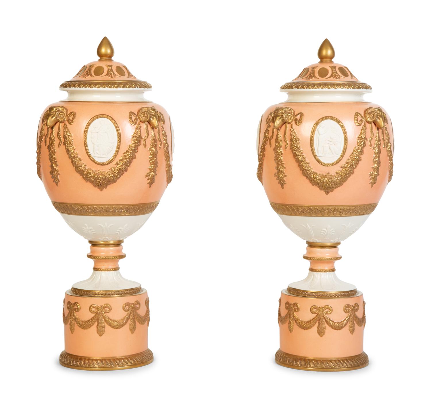 A Pair of Italian Neoclassical Style Porcelain Lidded Urns — 19th/20th Century