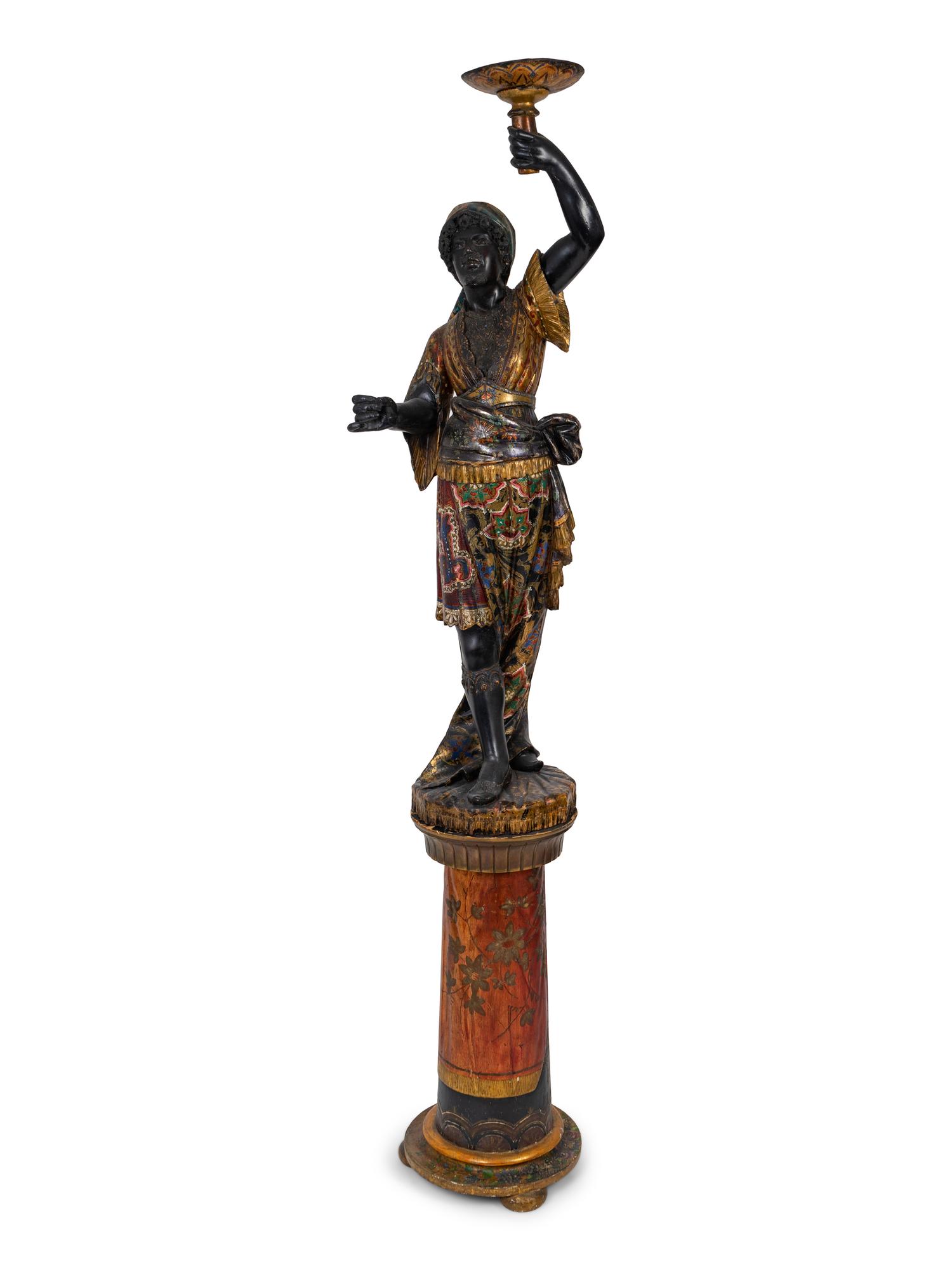 An Italian Carved and Painted Torchere of a Moor on a Pedestal Base — 19TH CENTURY