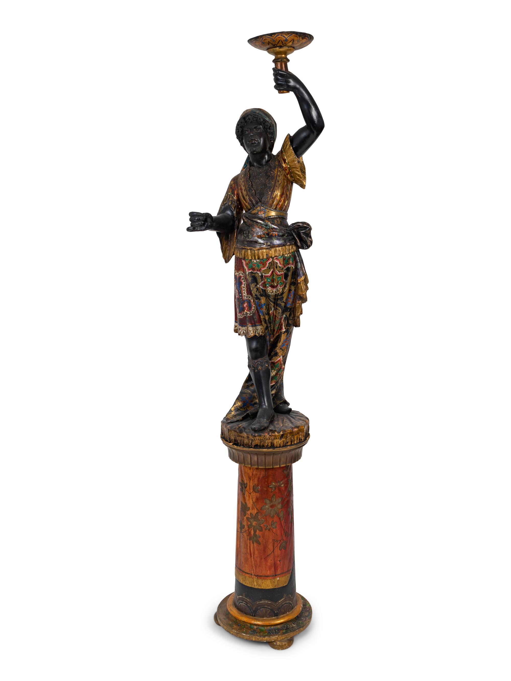 An Italian Carved and Painted Torchere of a Moor on a Pedestal Base — 19TH CENTURY