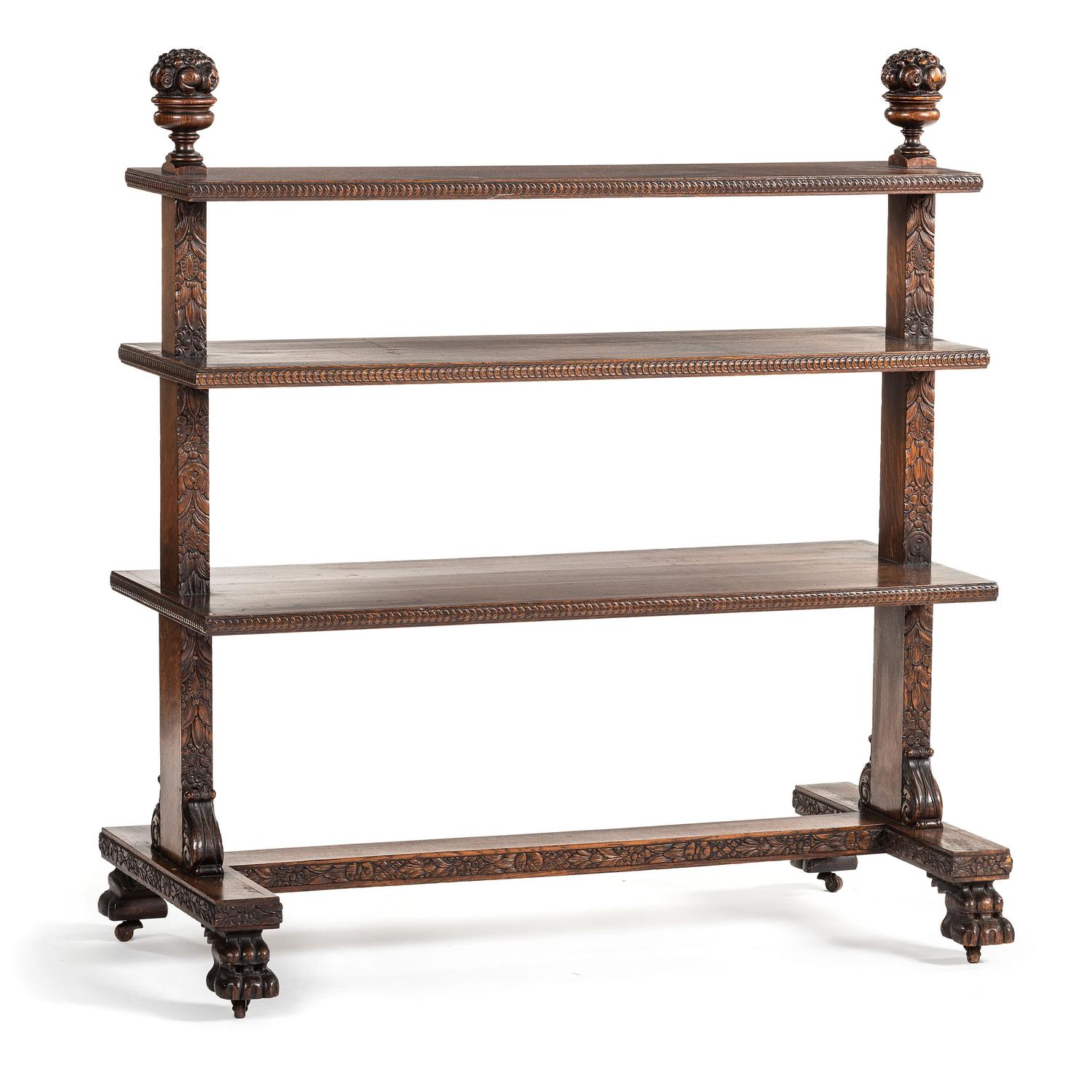 A Carved Oak Vitrine Cabinet and Open Bookshelf