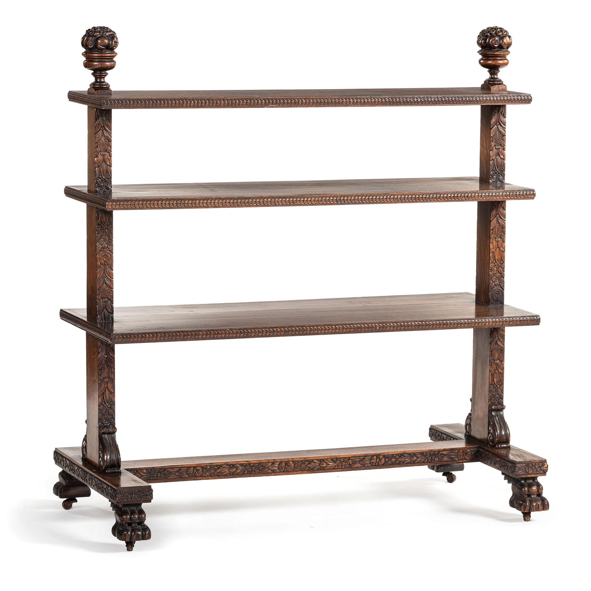 A Carved Oak Vitrine Cabinet and Open Bookshelf