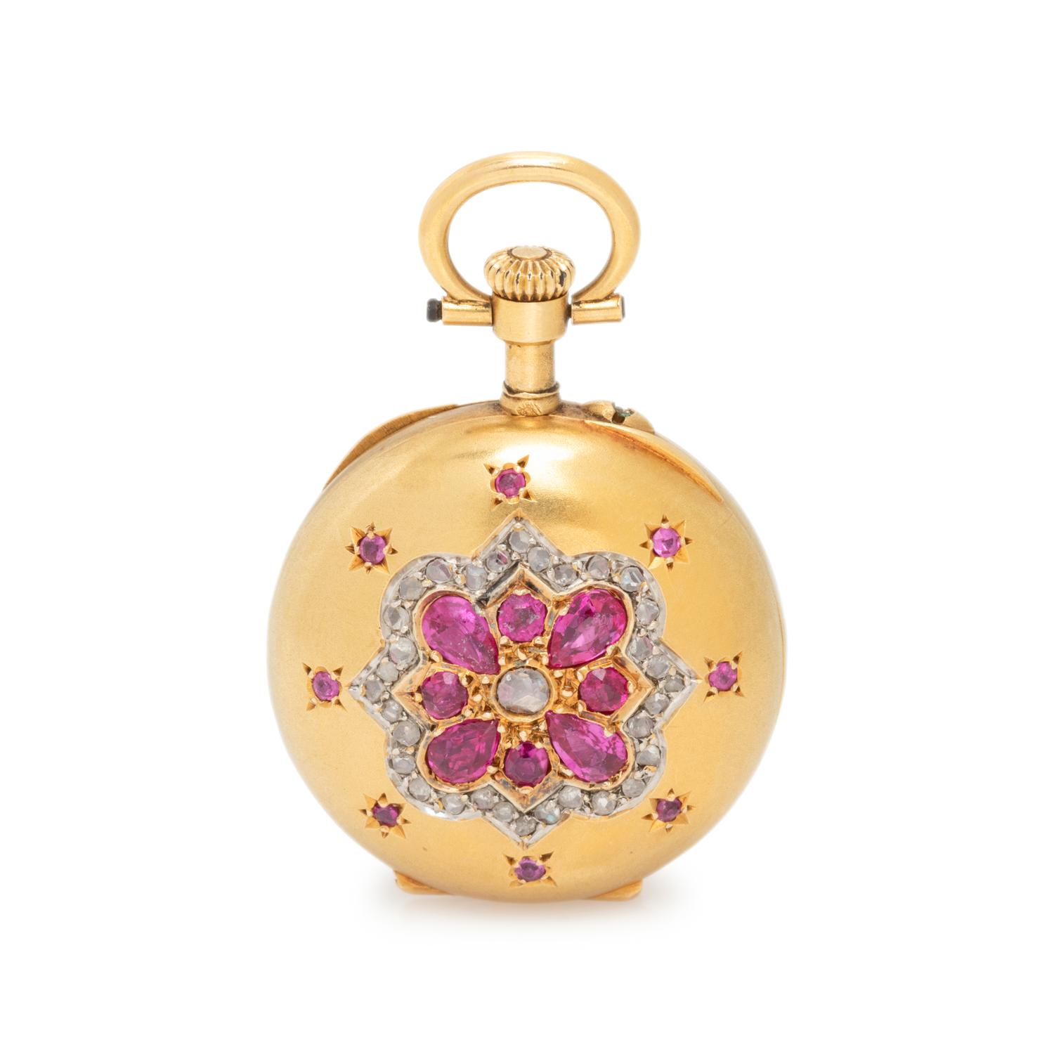 18K YELLOW GOLD, RUBY AND DIAMOND OPEN FACE POCKET WATCH