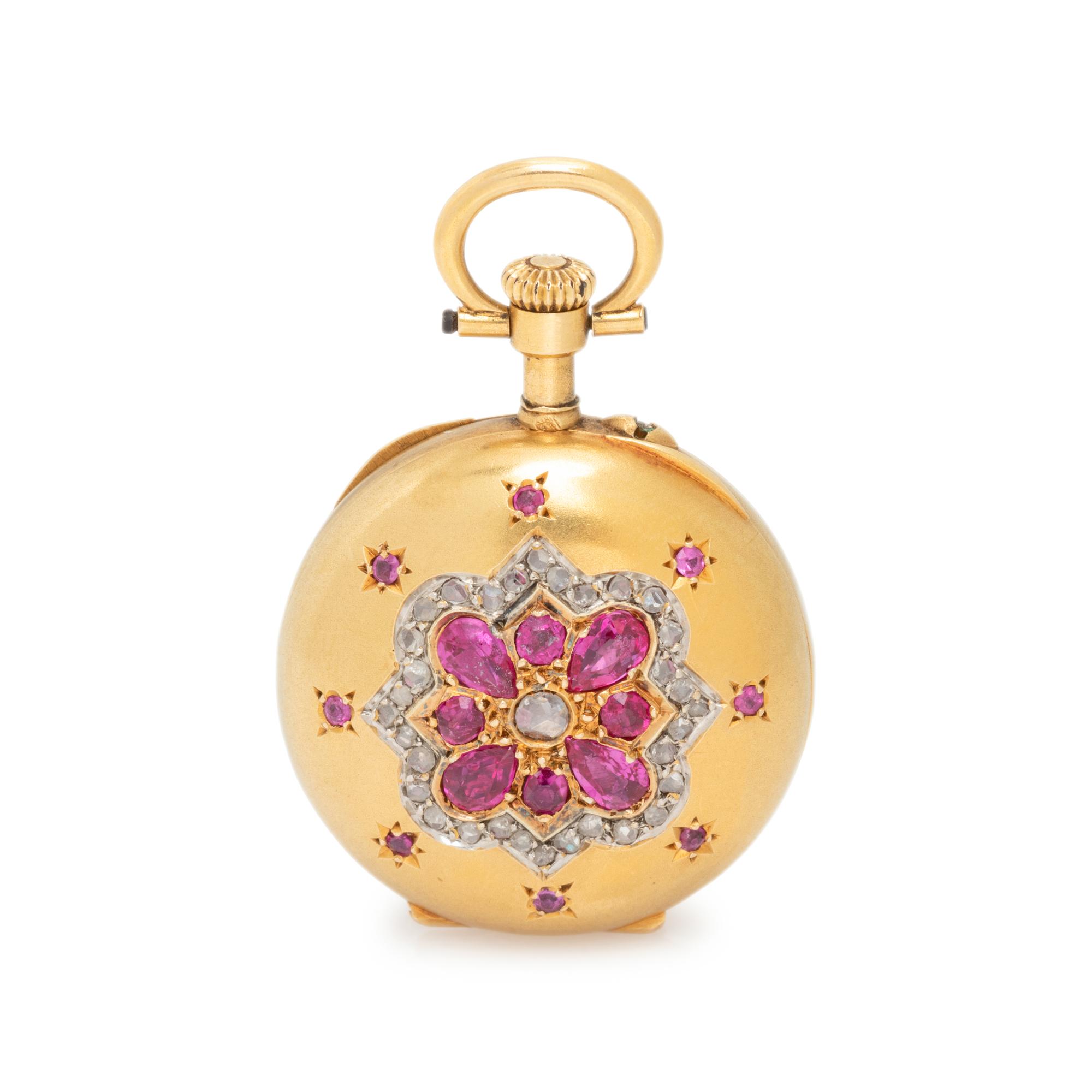 18K YELLOW GOLD, RUBY AND DIAMOND OPEN FACE POCKET WATCH