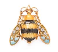 An 18 Karat Yellow Gold, Diamond and Plique-a-Jour Bee Brooch, Masriera,