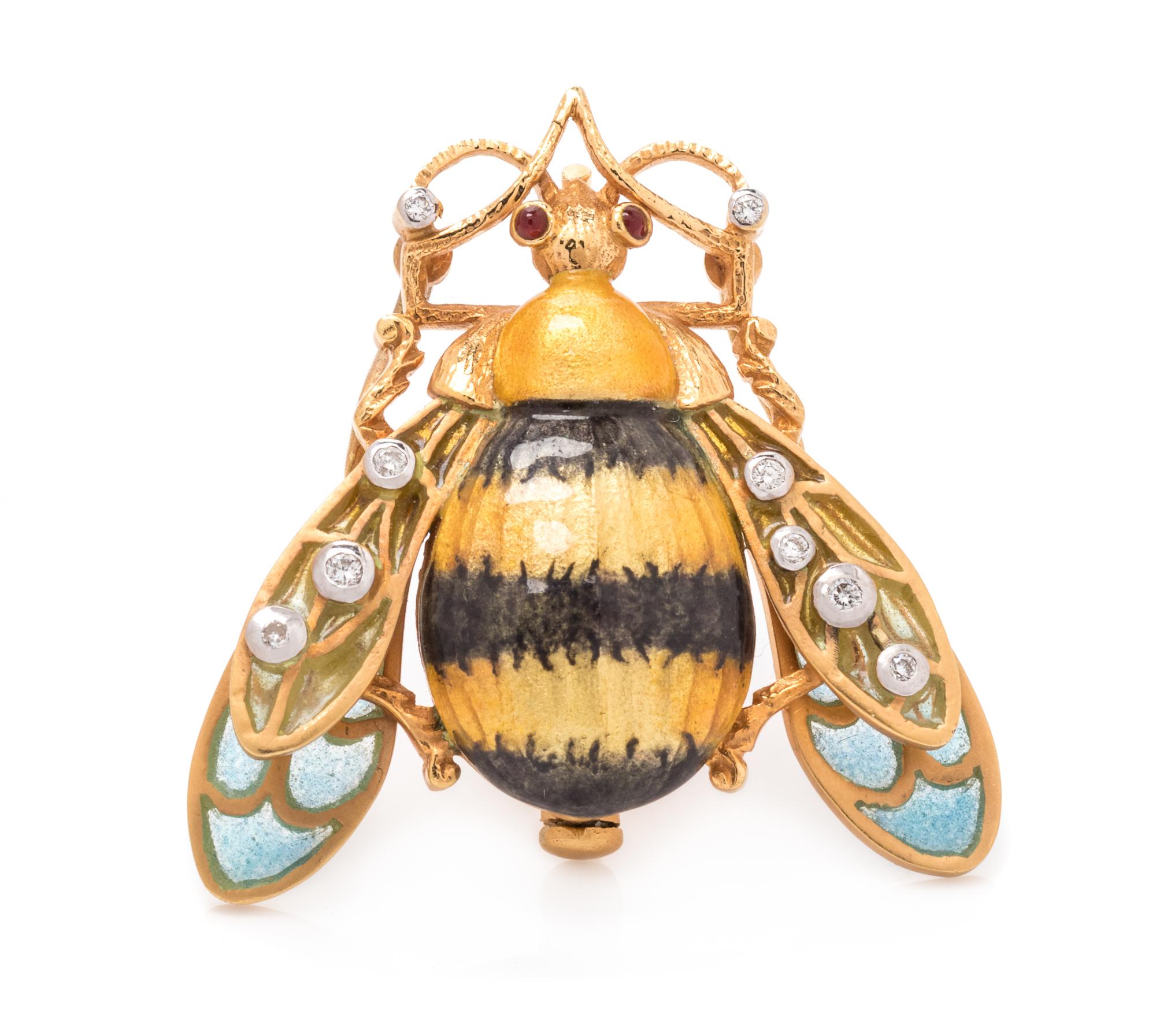 An 18 Karat Yellow Gold, Diamond and Plique-a-Jour Bee Brooch, Masriera,