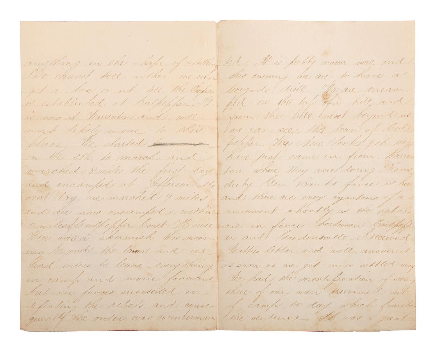 [CIVIL WAR]. Archive related to Albert Campbell Johnston and Nathaniel Dillhorn, 90th Pennsylvania Volunteers, incl. letter detailing the Battle of Cedar Mountain.