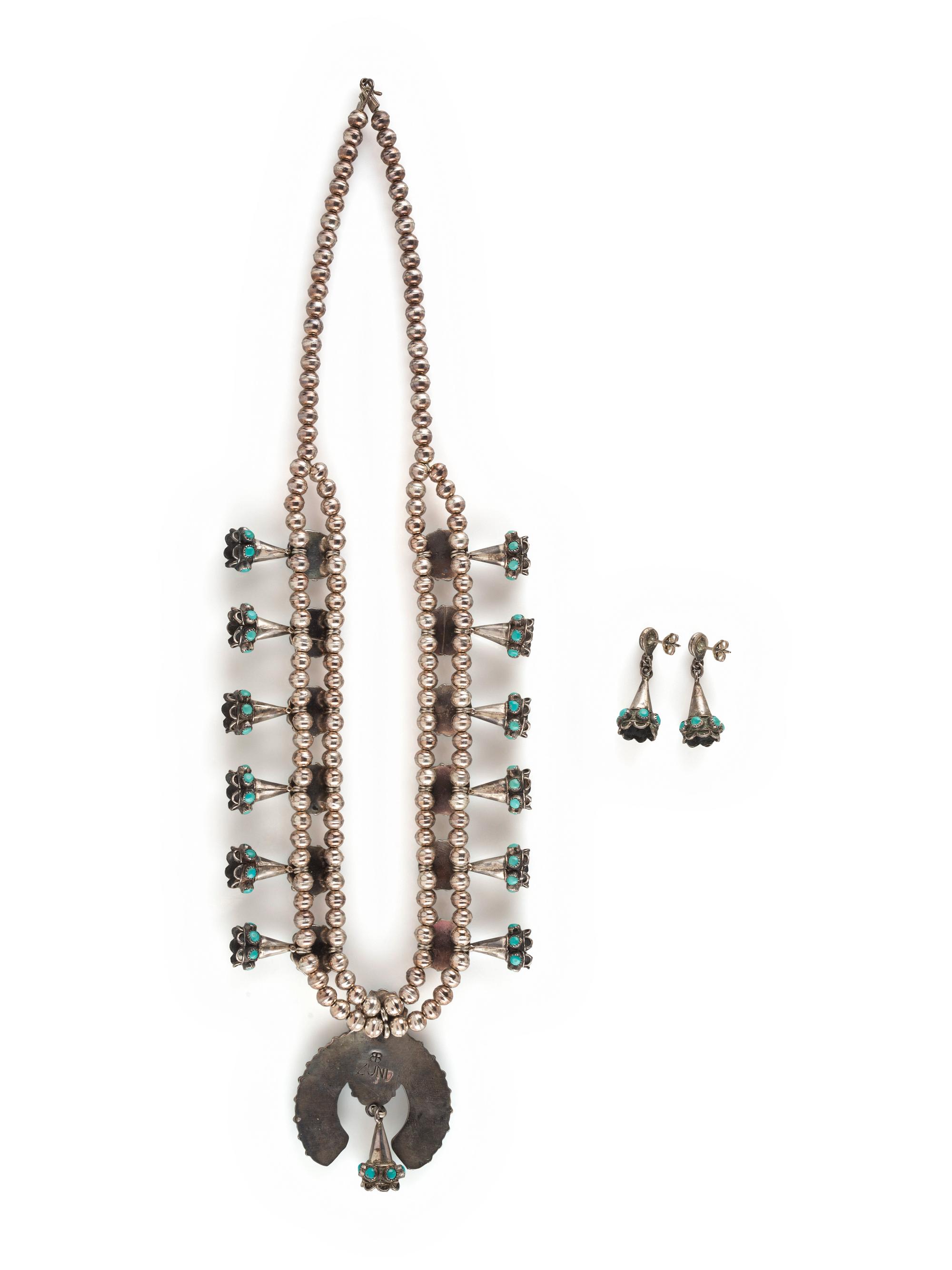 Zuni Petite Silver and Petit Point Turquoise Squash Blossom Necklace and Matching Post Earrings