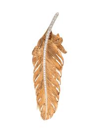 A 14 Karat Yellow Gold, Platinum and Diamond Feather Motif Brooch,