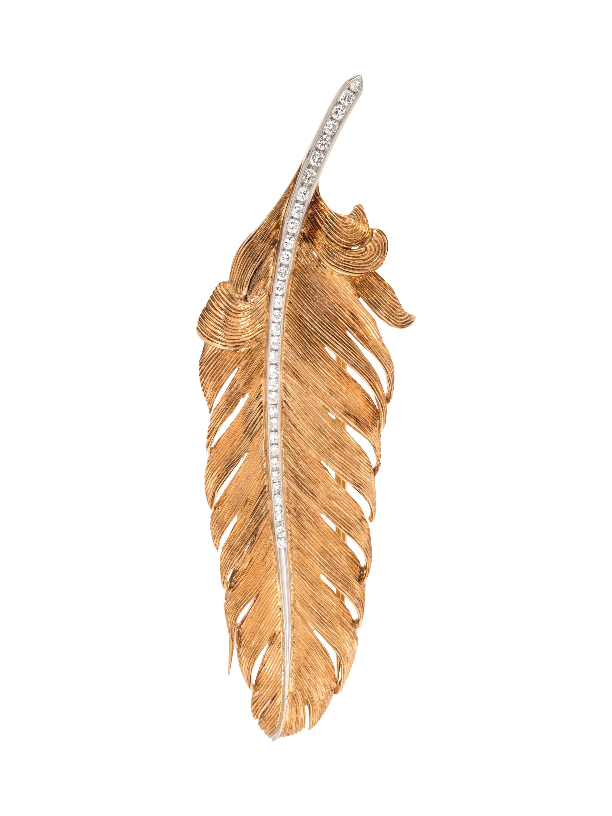 A 14 Karat Yellow Gold, Platinum and Diamond Feather Motif Brooch,