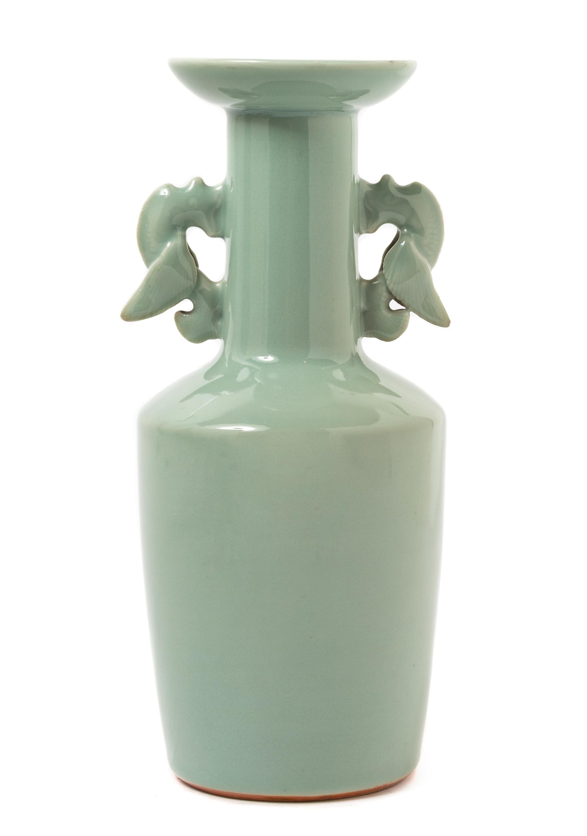 A Chinese Longquan Celadon Glazed Porcelain Mallet Shaped Vase MING DYNASTY OR EARLIER Height 10 3/8 inches. — MING DYNASTY OR EARLIER