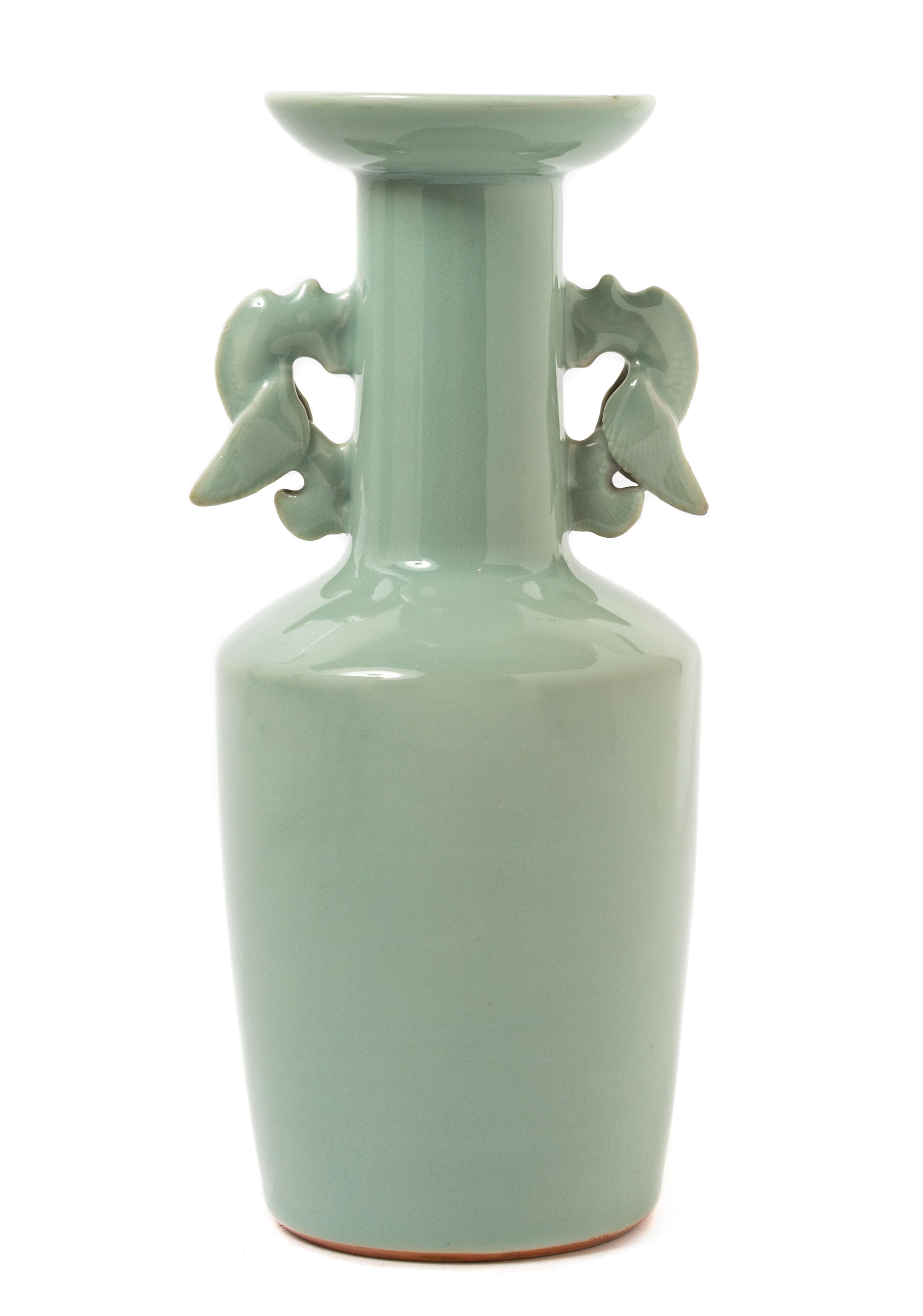 A Chinese Longquan Celadon Glazed Porcelain Mallet Shaped Vase MING DYNASTY OR EARLIER Height 10 3/8 inches. — MING DYNASTY OR EARLIER