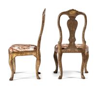 Six Italian Rococo Style Parcel Gilt and Painted Side Chairs