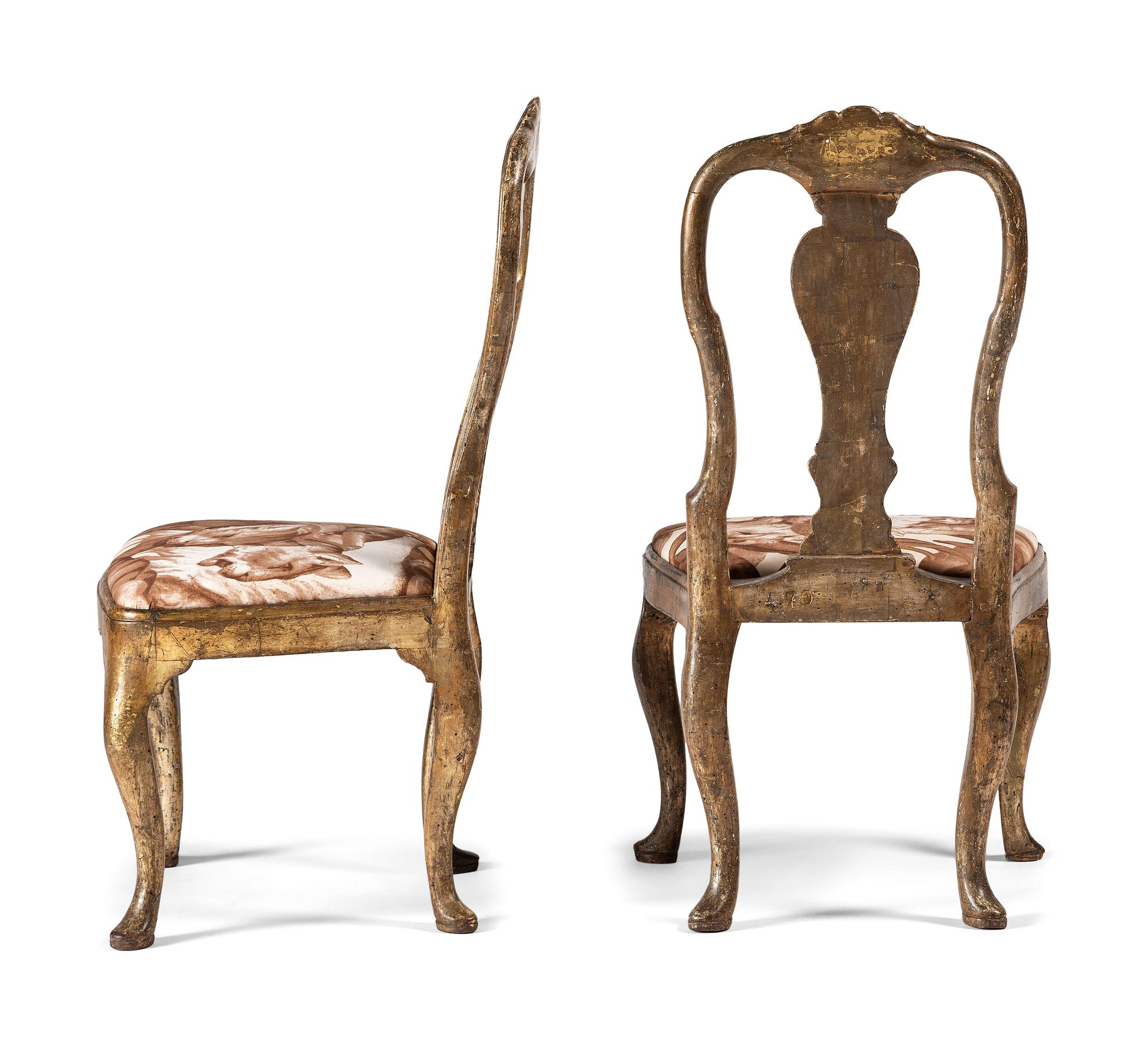 Six Italian Rococo Style Parcel Gilt and Painted Side Chairs