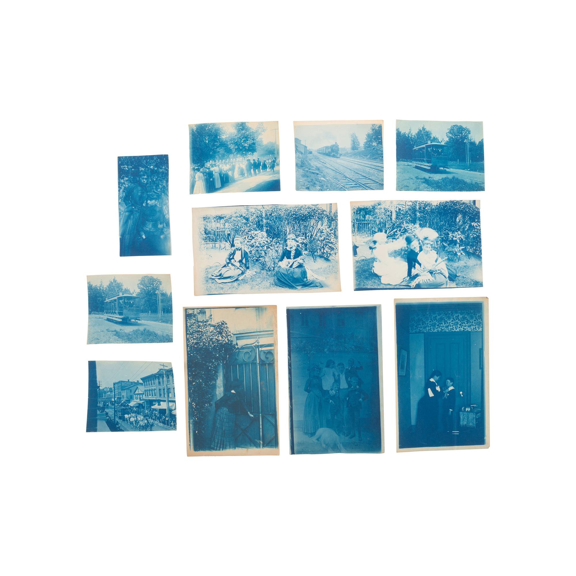 [Early Photography] Collection of 60+ cyanotypes, incl. playful and artfully posed scenes