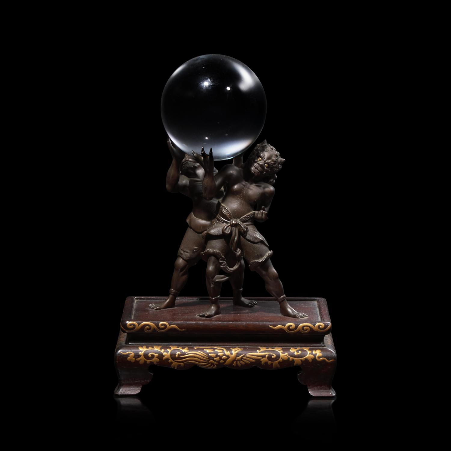 Miyao Eisuke, A Patinated Bronze 'Oni' Stand with Crystal Sphere, Meiji Period