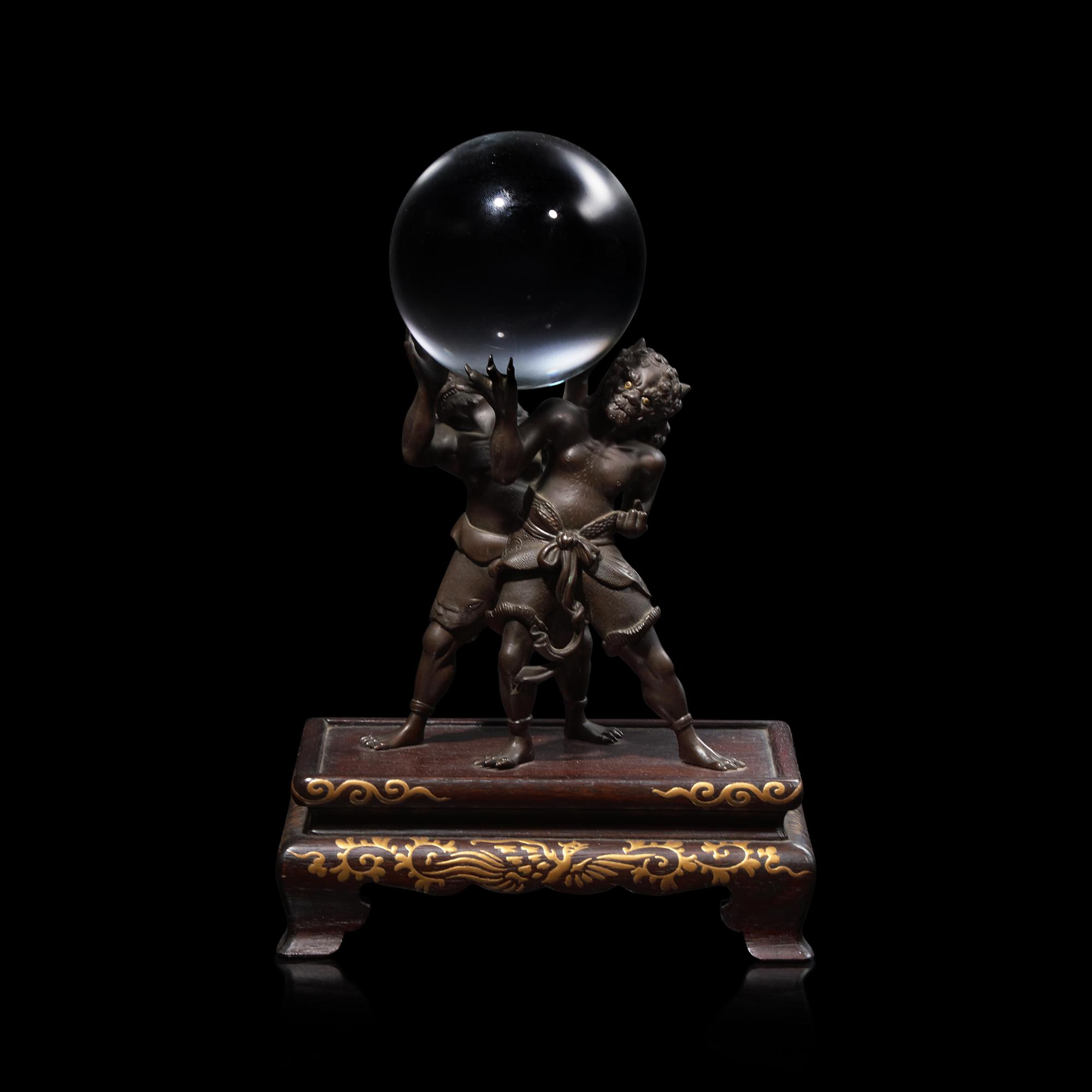 Miyao Eisuke, A Patinated Bronze 'Oni' Stand with Crystal Sphere, Meiji Period