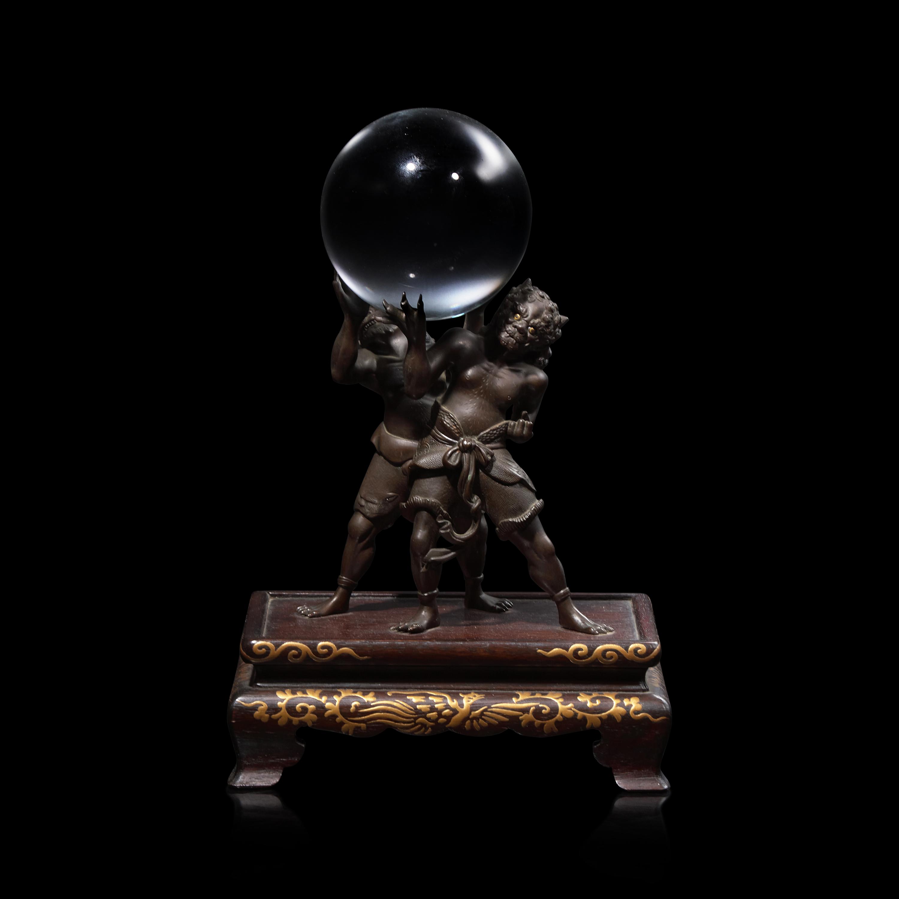 Miyao Eisuke, A Patinated Bronze 'Oni' Stand with Crystal Sphere, Meiji Period