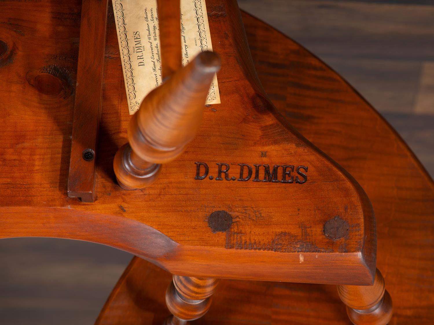 A D.R. Dimes Turned and Volute Carved Tiger Maple Windsor Three-Back Writing Armchair