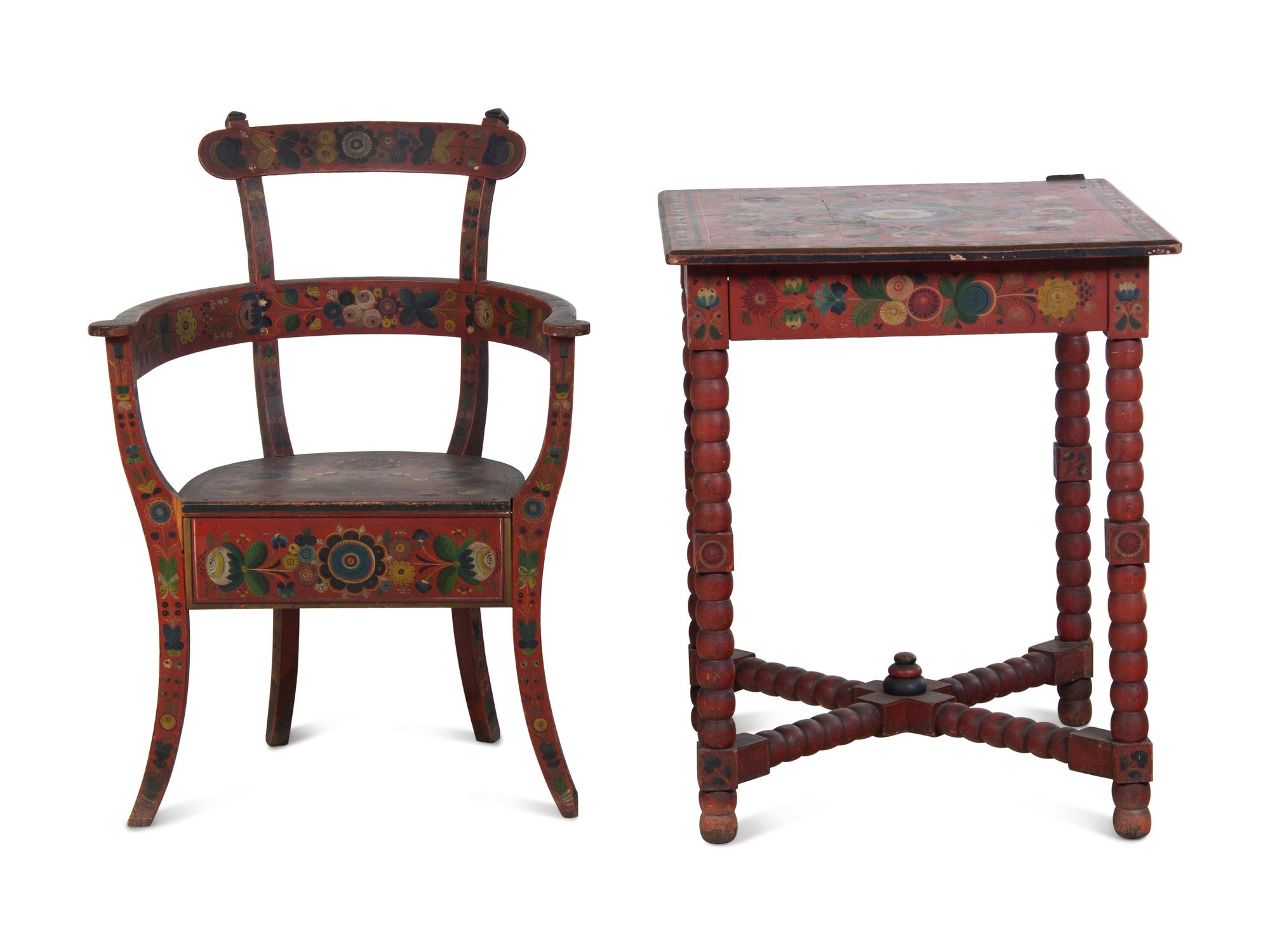 A Norwegian Paint-Decorated Table and Armchair