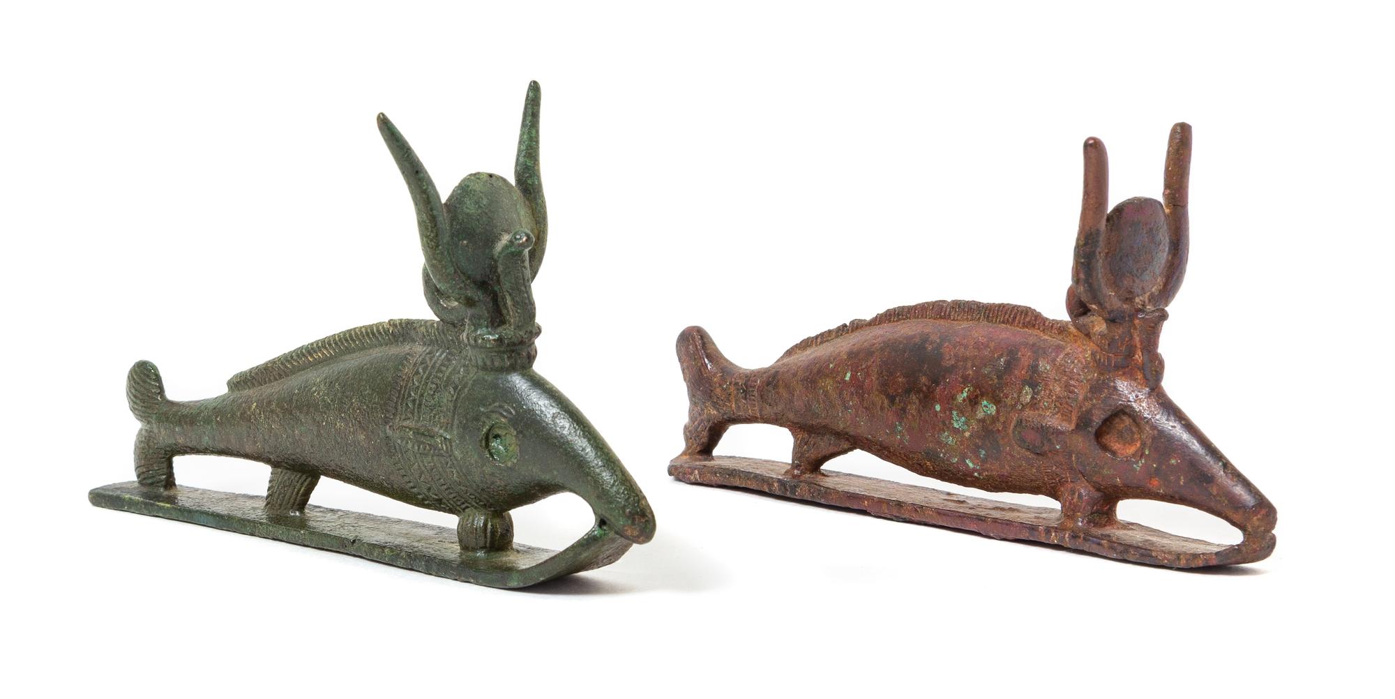 Two Egyptian Bronze Oxyrynchos Fish Width of first 4 1/2 inches. — LATE PERIOD TO PTOLEMAIC PERIOD, 664-30 B.C.E.