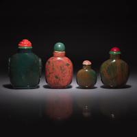 Three Chinese Bloodstone and a "Jasper" Glass Snuff Bottle (4), 18th-19th Century — 清中期 鷄血石及碧玉鼻烟壺四支
